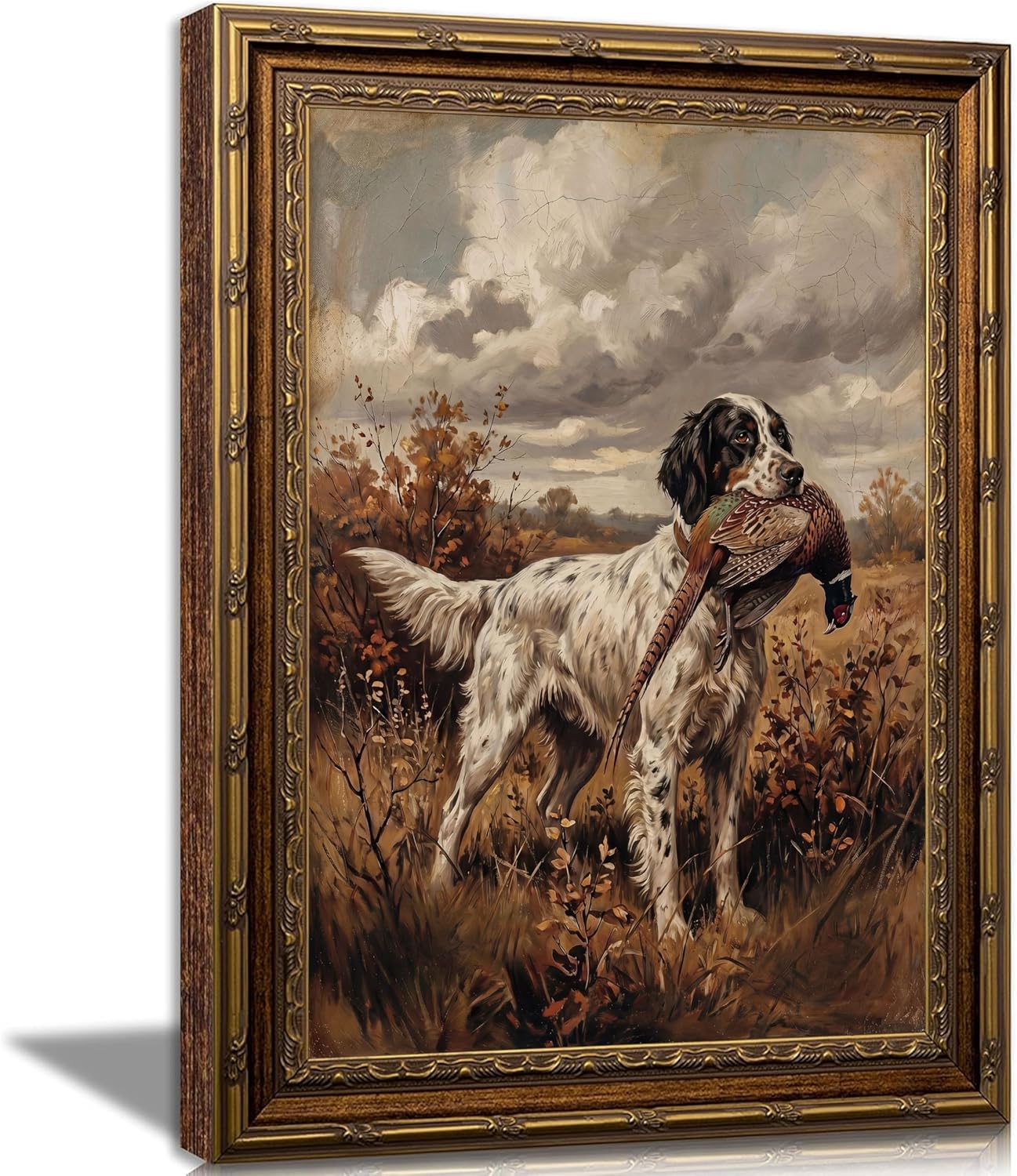 Vintage Gold Framed Hunting Dog Wall Art, Antique Hound with Pheasant Print, Rustic Farmhouse Countryside Wall Decor Picture Artwork for Living Room, Bedroom, 12x16 Inch