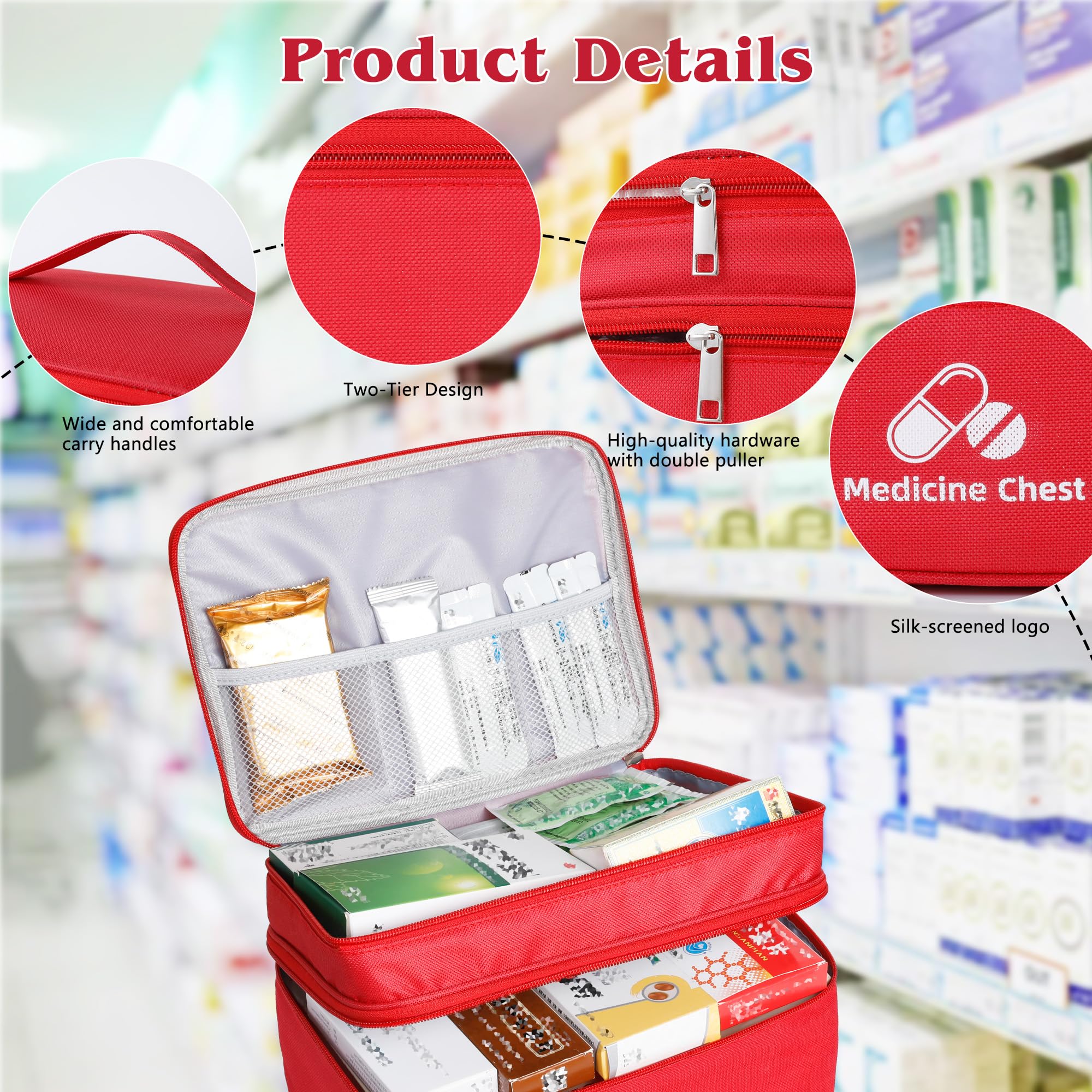Romon Bolsa Primeros Auxilios Portátil, Botiquín de Primeros Auxilios Vacio,Doble turno Impermeable Gran Capacidad Botiquín Médico Vacío, Bolsa Médico de Emergencia para Hogar, Oficina, Rojo