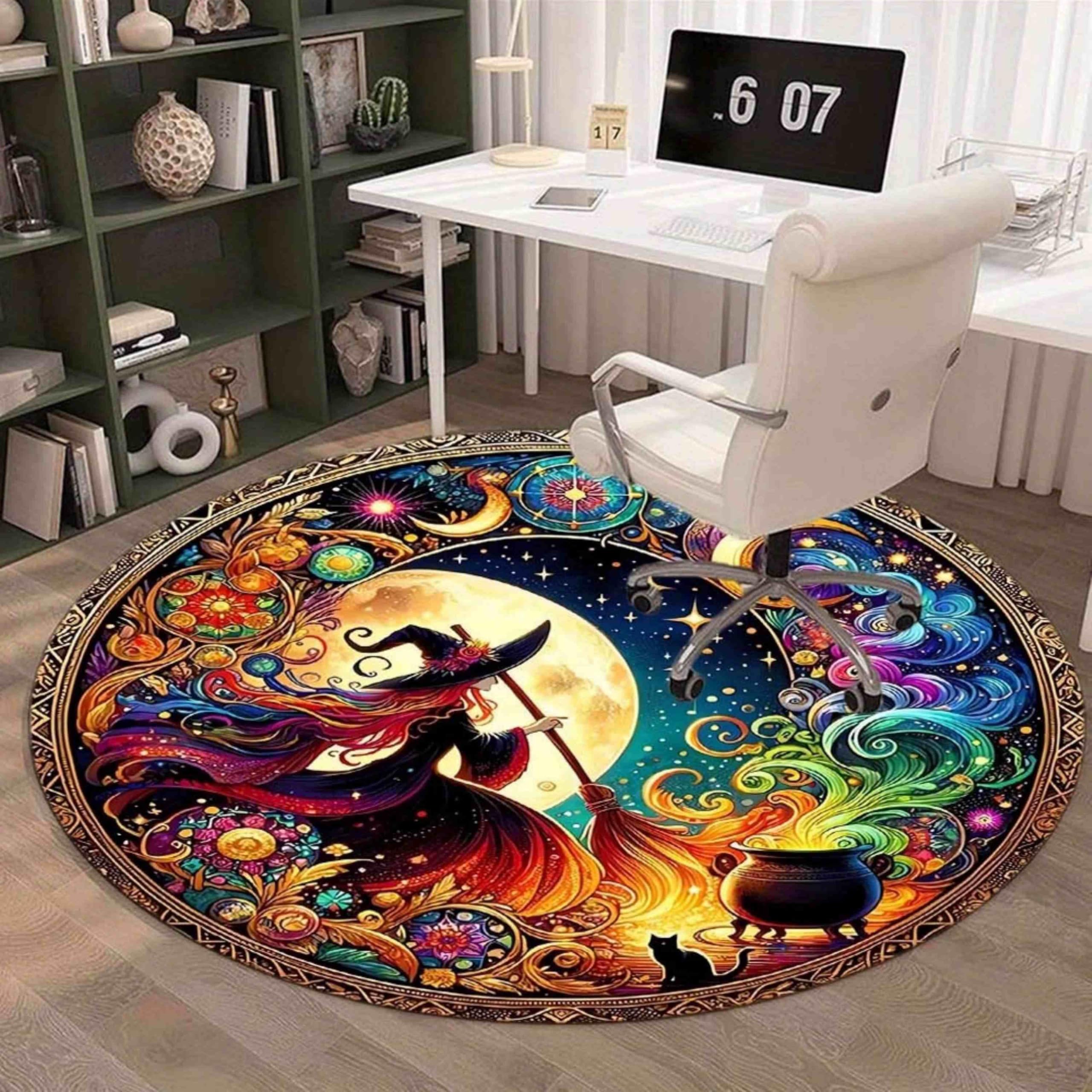 Hexen Runder Teppich Magie Mond Stern Motiv Design, Waschbar Antirutsch Kurzflor Teppich für Wohnzimmer Kinderzimmer Halloween, Dekorativer Rundteppich Farbe 80cm Runde