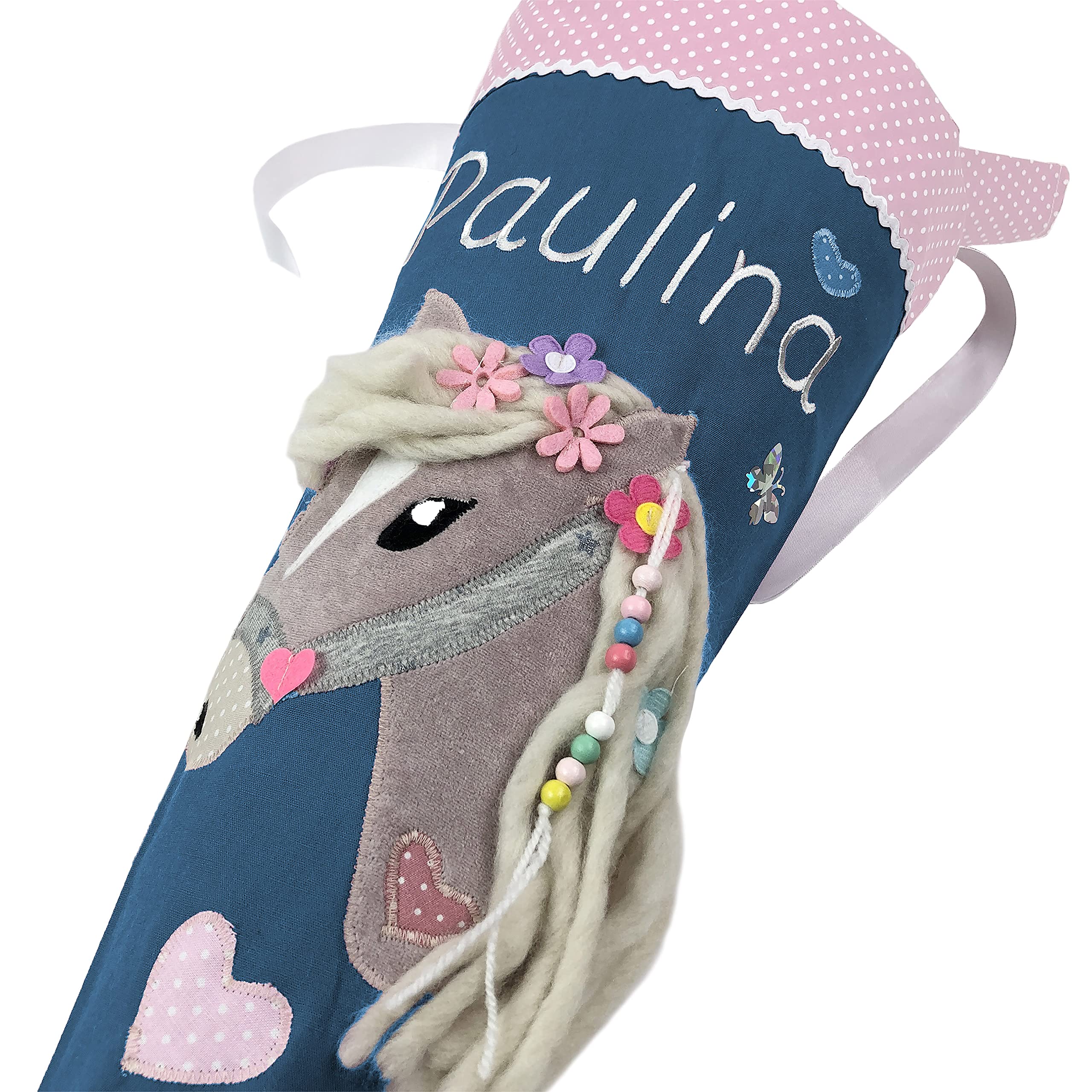 Schultüte/Zuckertüte Pferd mit Namen in blau und rosa zur Einschulung für Mädchen, aus Stoff, mit Kissen bestellbar