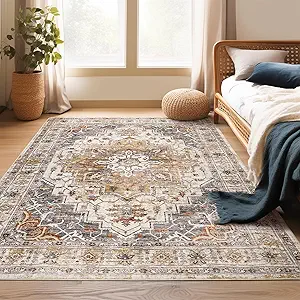 Madane Area Rug 4x6 Washable Rugs: Vintage Living Room Rug Soft Low Pile Non Slip Area Rugs Distressed Indoor Floor Carpet for Bedroom Kitchen Dining Room Home Decor, Turmeric/Grey