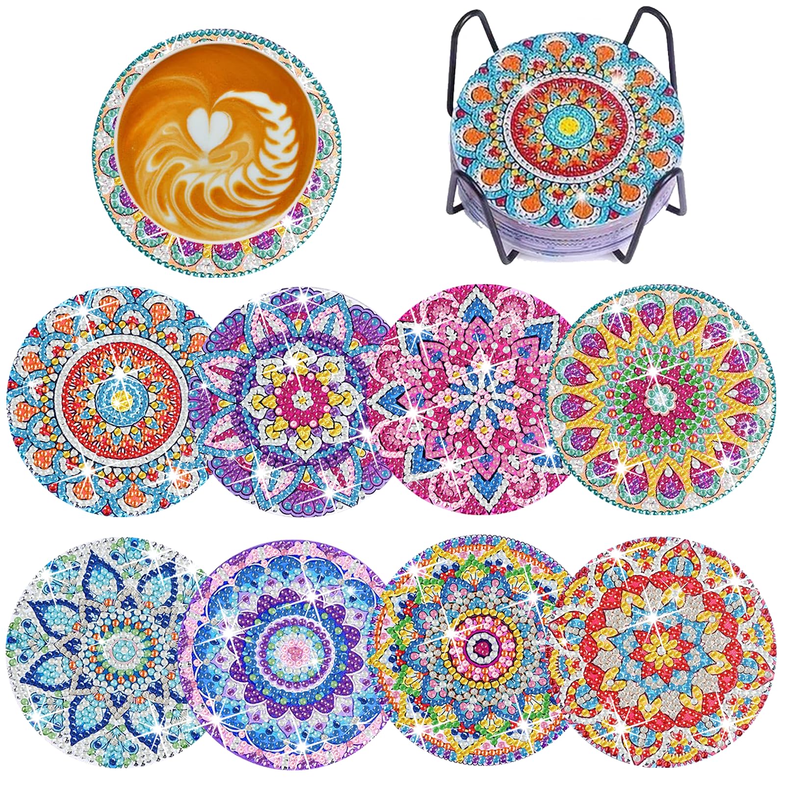 Kubfdl Mandala Diamond Painting Coasters With Holder, 8 Pieces 5D Diamond Painting Diy Set For Children Adults Crafts, Beginners Diamond Cup Coasters Non-Slip For Cups, Vases, Candles