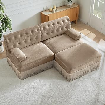 ZeHuoGe L-Shaped Tassel Skirt Chesterfield Sofa,2 Seat Couch with Ottoman, for Living Room, Easy to Assemble Camel