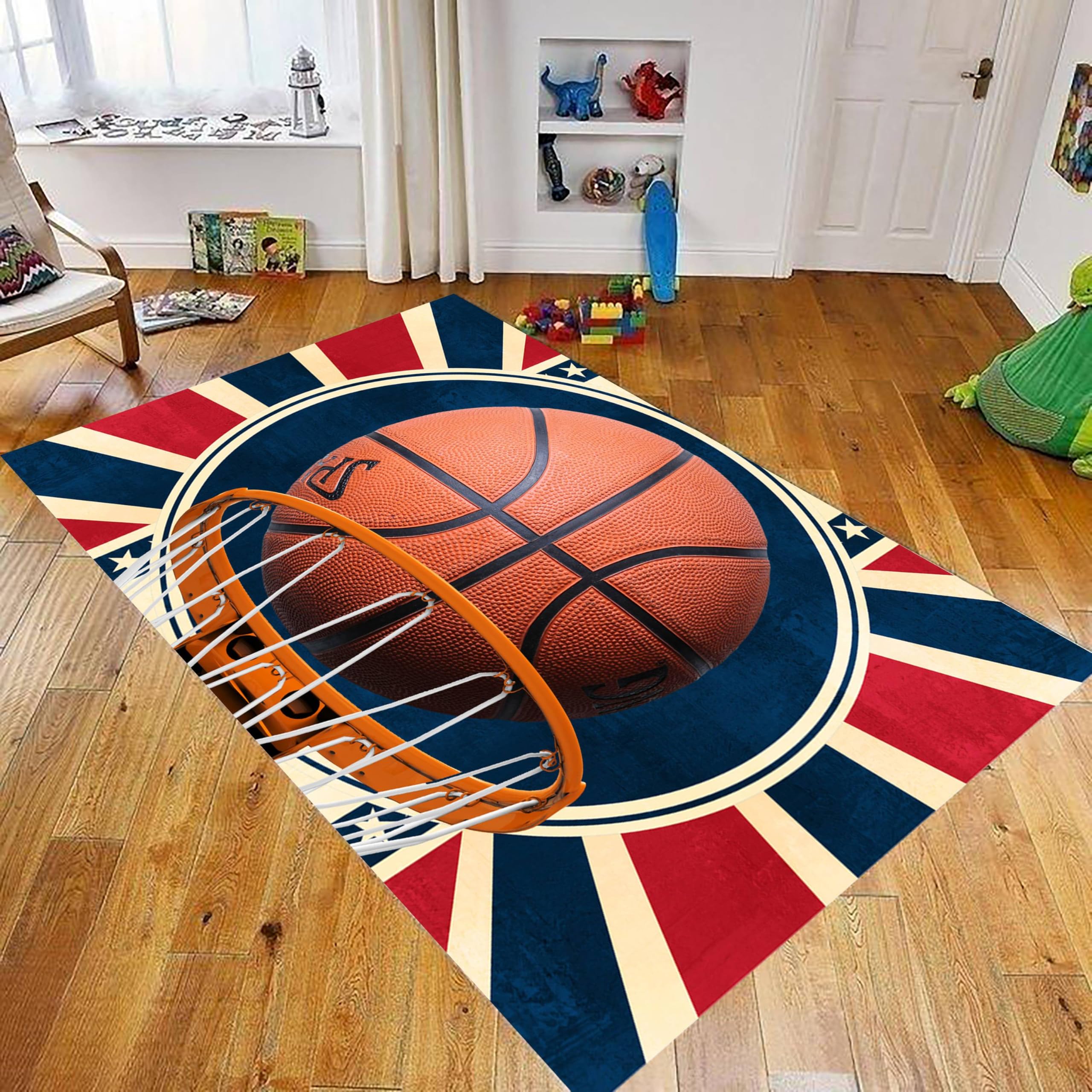 YJDRUG Basketball Area Rug，180x230cm,Basketball and Ball Frame Print Rug，Kids Room Sports Game Rug, Non-Slip Washable Suitable for Boys and Girls Bedroom Children's Room Decorative Rug
