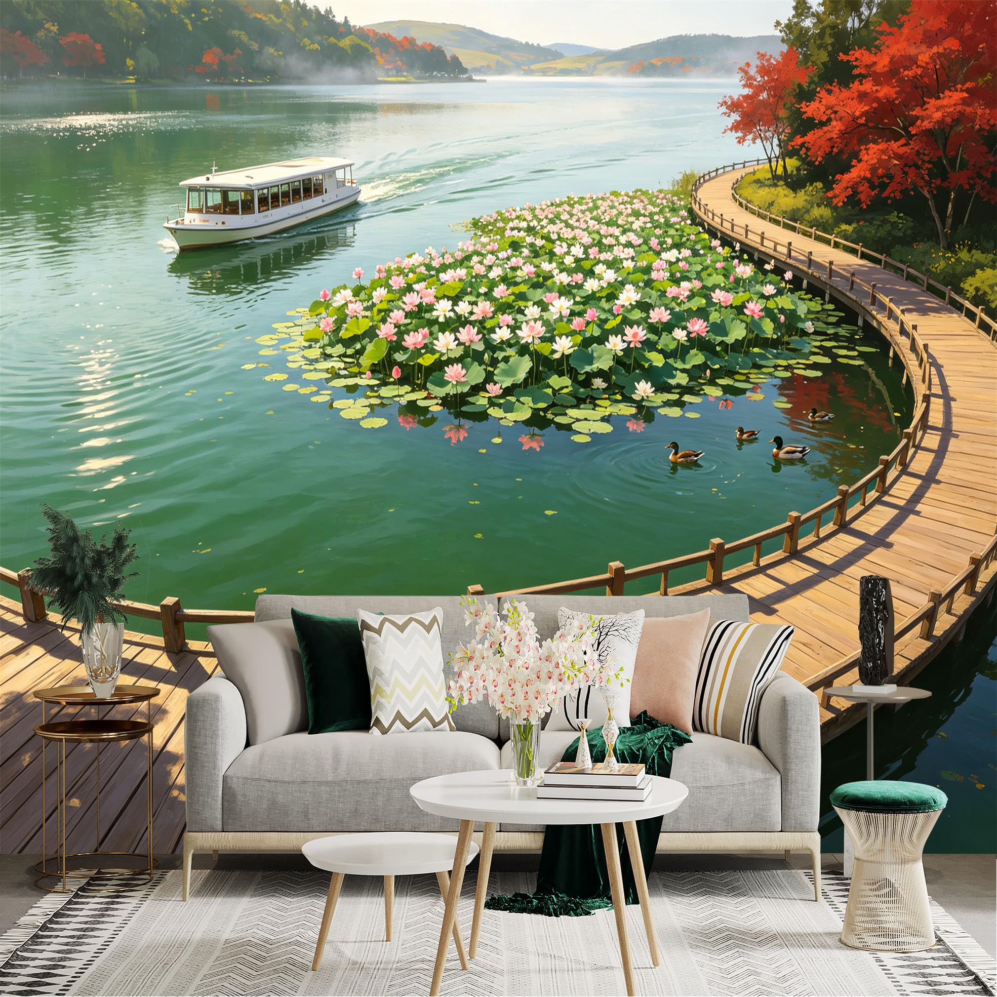 Custom Size Wall Sticker Mural， Scenic Lake with Lotus Flowers， Wooden Boardwalk and Sightseeing Boat， Tranquil Autumnal Nature View， for wall Decoration， peelandstick wall Decals.