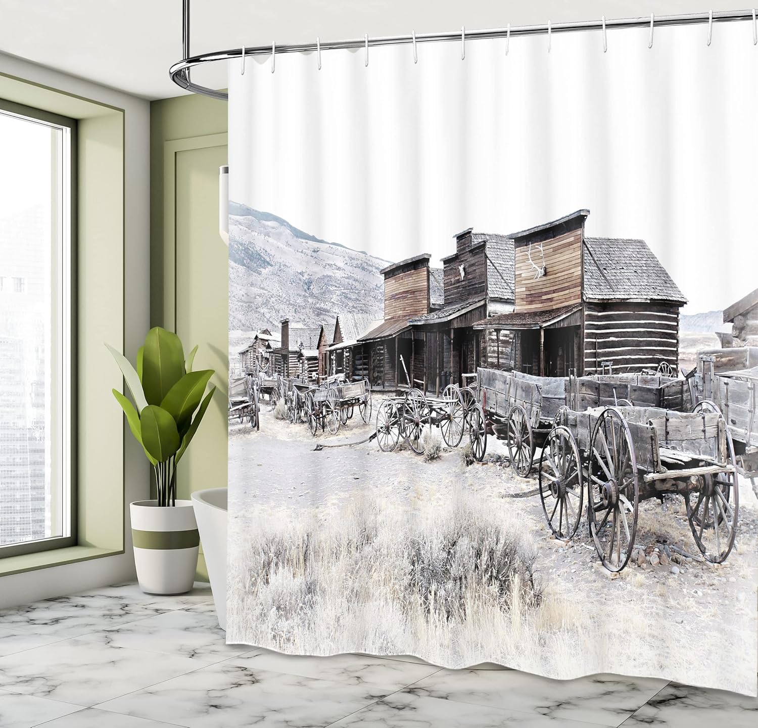 Ambesonne Western Shower Curtain, Old Wooden Wagons from 20's in Ghost Town Antique Wyoming Wheels Art Print, Cloth Fabric Bathroom Decor Set with Hooks, 69" W x 75" L, Brown White