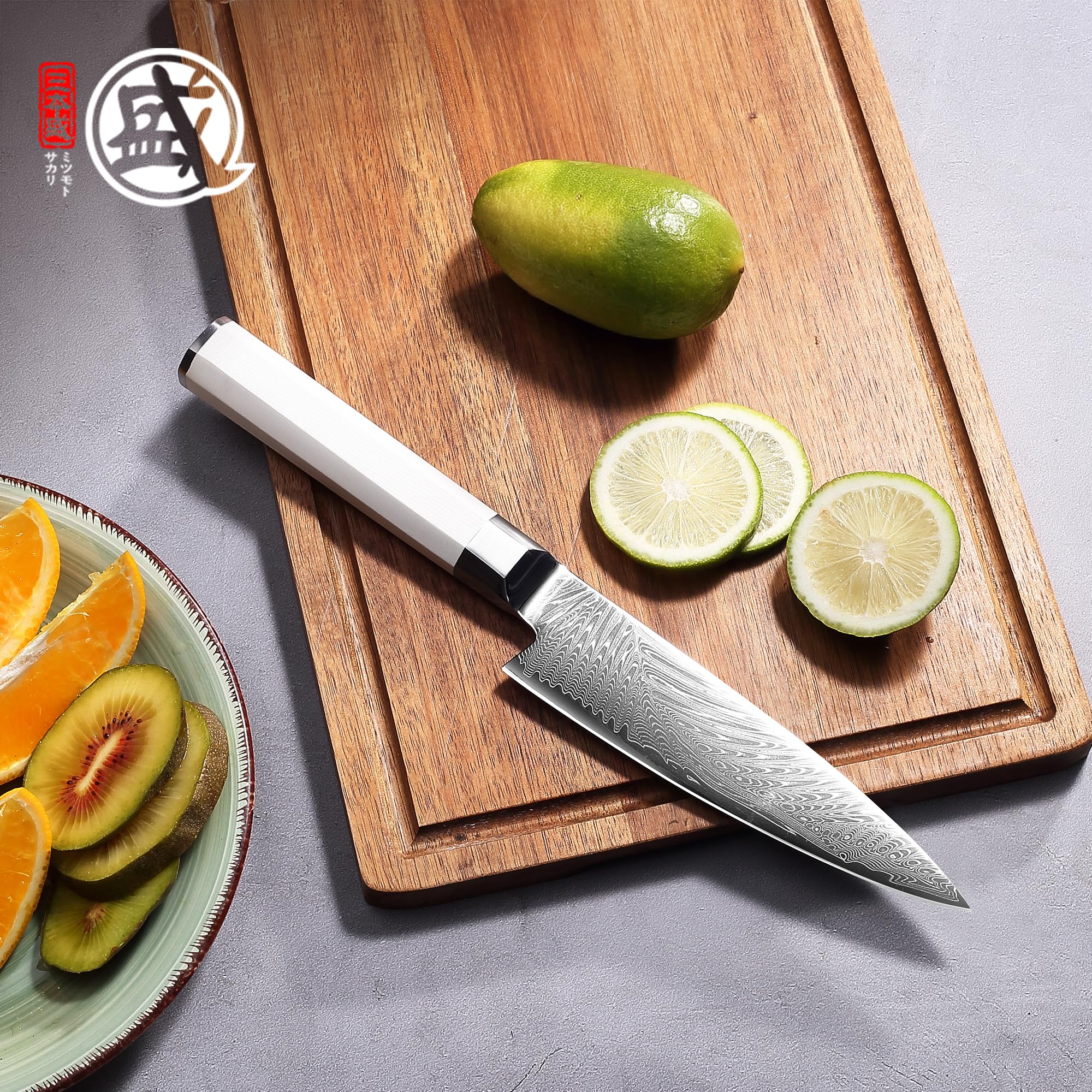 MITSUMOTO SAKARI Cuchillos Pelar Profesional Japoneses, 14 cm Cuchillo Chef | Cuchillo para Fruta de Acero en Polvo VG con Acabado, Cuchillos de Espiga Completa, Mango G10 Blanco, Estuche de Sándalo