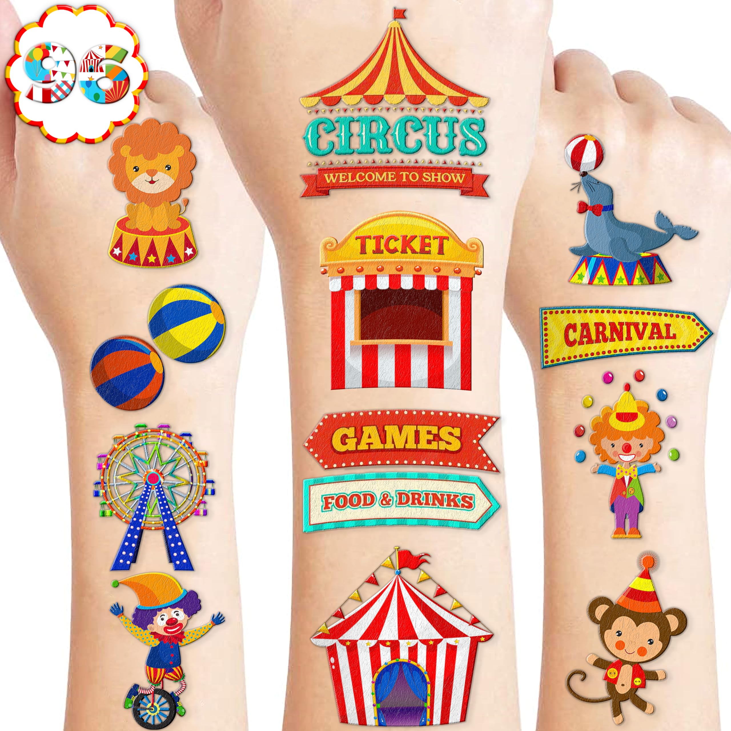96 PCS Carnival Circus Clown Temporary Tattoos Theme Birthday Party Decorations Supplies Favors Decor Cute Red White Tattoo Stickers Gifts for Games