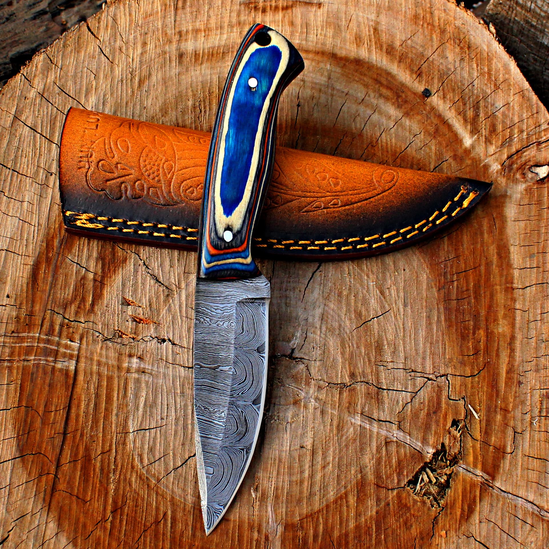 Handmade 8" Fixed Blade Knife with Sheath, Damascus Steel Bushcraft Knife with Wood Handle for EDC and Outdoor Camping