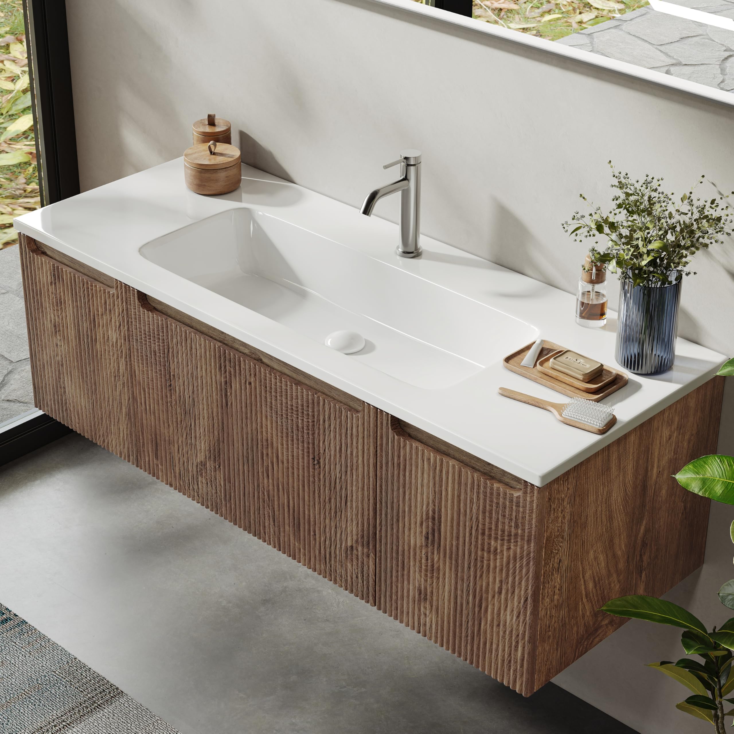 Meuble-Lavabo Mural De 120 cm avec Lavabo en Résine Minérale, Tiroir Et Porte, Ultra-Mince, Fermeture en Douceur, Accent Nervuré, Adapté Aux Grandes Salles De Bains, Forest Walnut