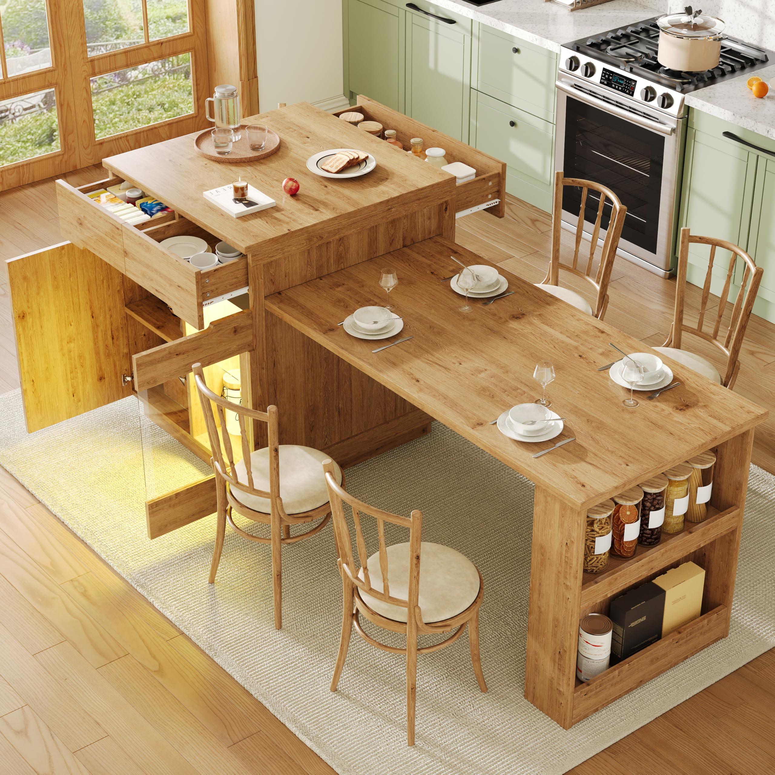 Isola cucina con tavolo allungabile, mobile cucina multifunzionale con illuminazione a LED (controllabile tramite app), effetto rovere, vano contenitore, cassetti, anta in vetro, per sala da pranzo e