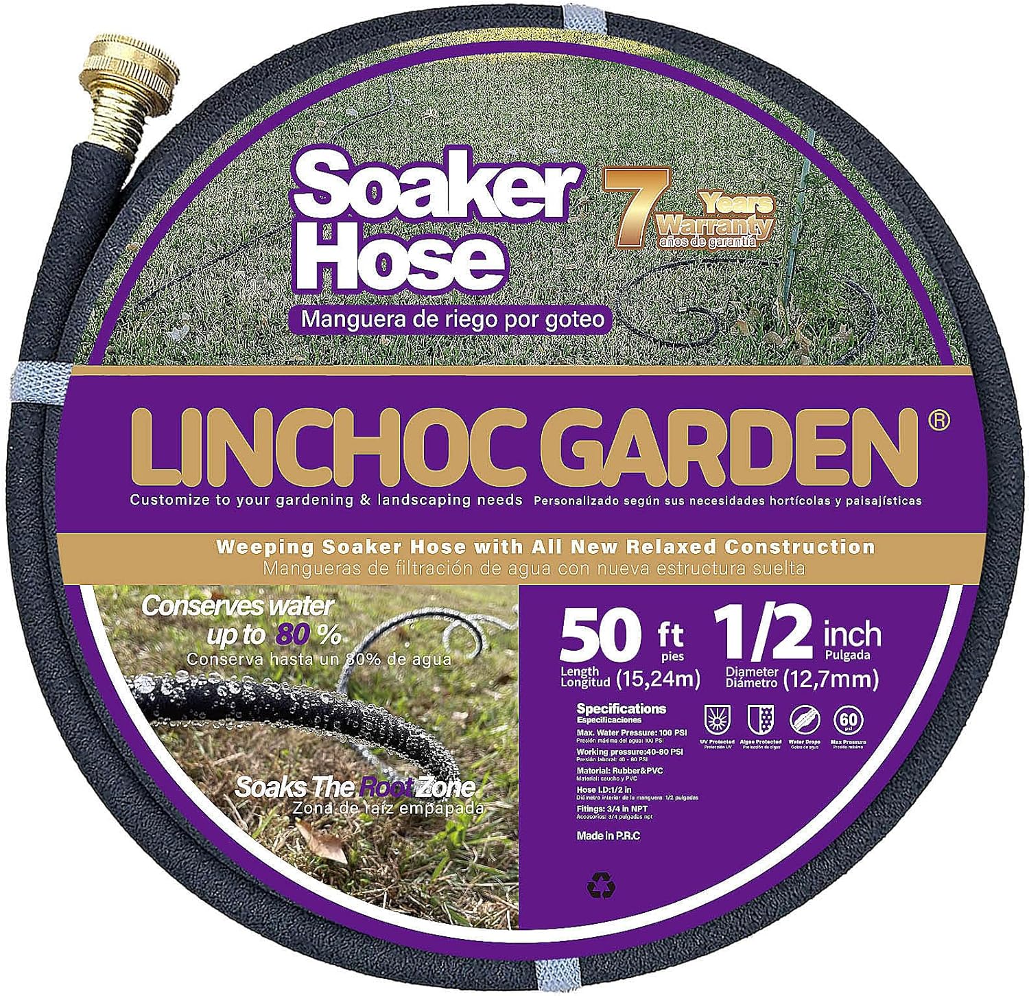 LICNCHOC GARDEN Soaker Hose 50ft,1/2 INCH Flexible Durable Garden Hose for Efficient Watering, Leak-Proof Design 100% Recycled Rubber,Ideal for Lawns,Gardens & Flower Beds