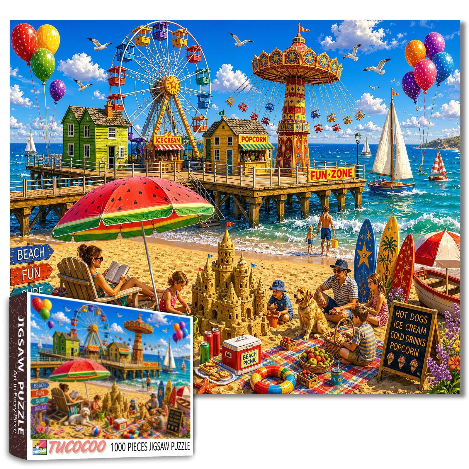 Summer holiday Jigsaw Puzzles 1000 Pieces for Adults, Families(seaside carnival,beach picnic) Pieces Fit Together Perfectly 19.7''x27.6''inch Frameable Freedom Puzzle Art