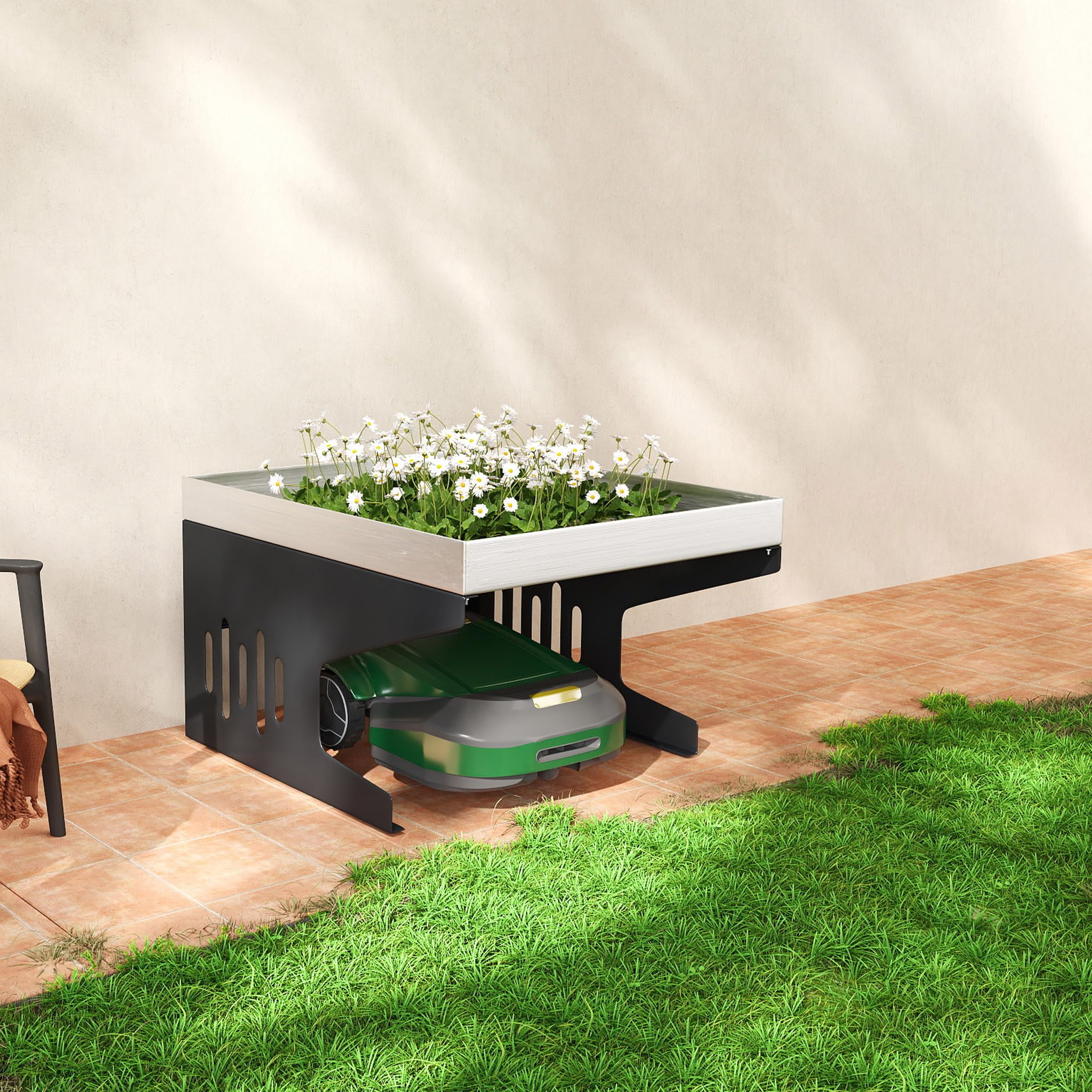 Aufun Garaje de acero para robot cortacésped 70 x 60 x 43 cm, techo para cortacésped, carport, cubierta para robot cortacésped, protección contra el sol y la lluvia, inoxidable, resistente a la