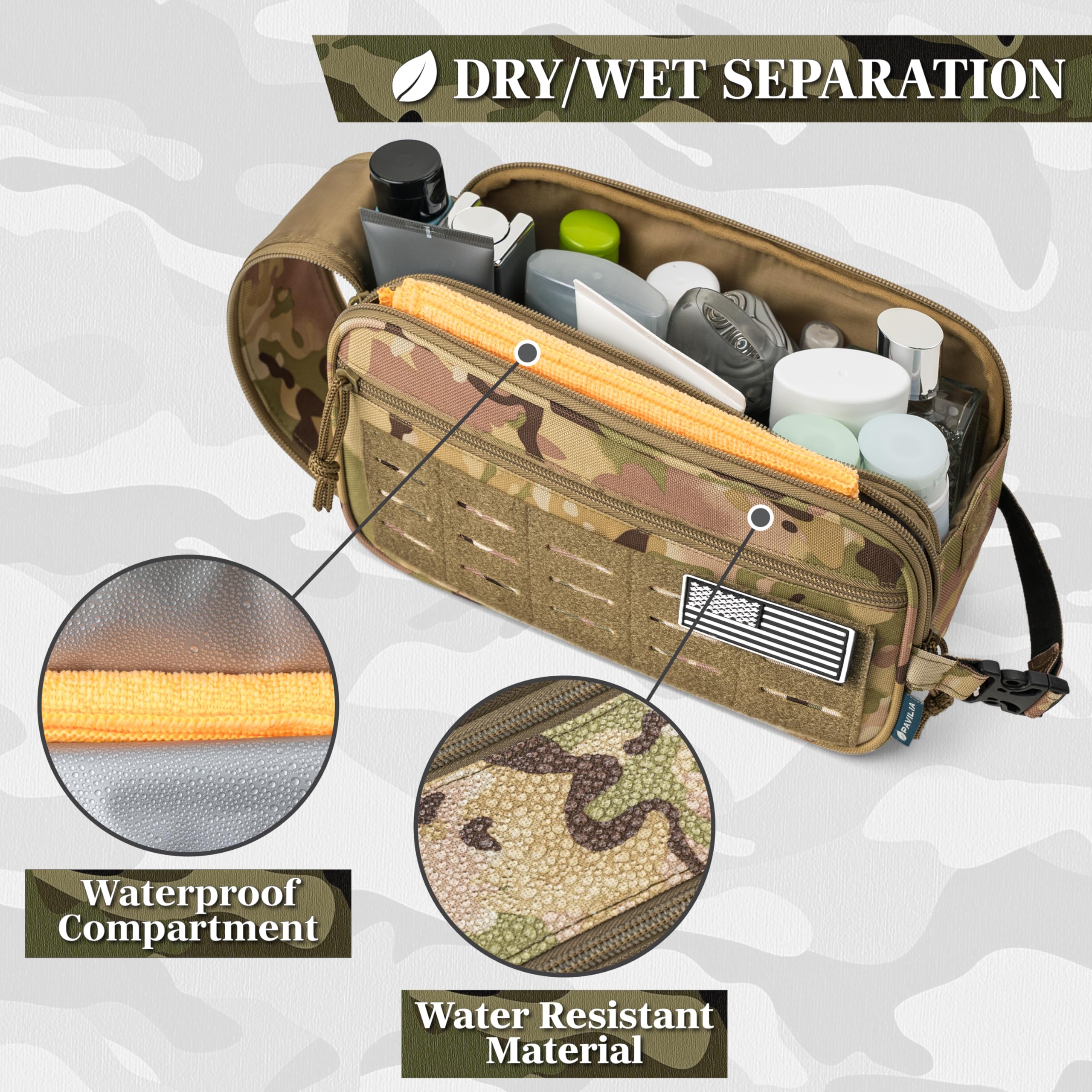 PAVILIA Taktischer Kulturbeutel für Herren, Hygiene-Reisetasche, Militär-Dopp-Kit, wasserabweisend, Molle-Tasche, für Herren, für Rasur, Pflege, Badezimmer, Dusche, Toilettenartikel, kleiner Organizer