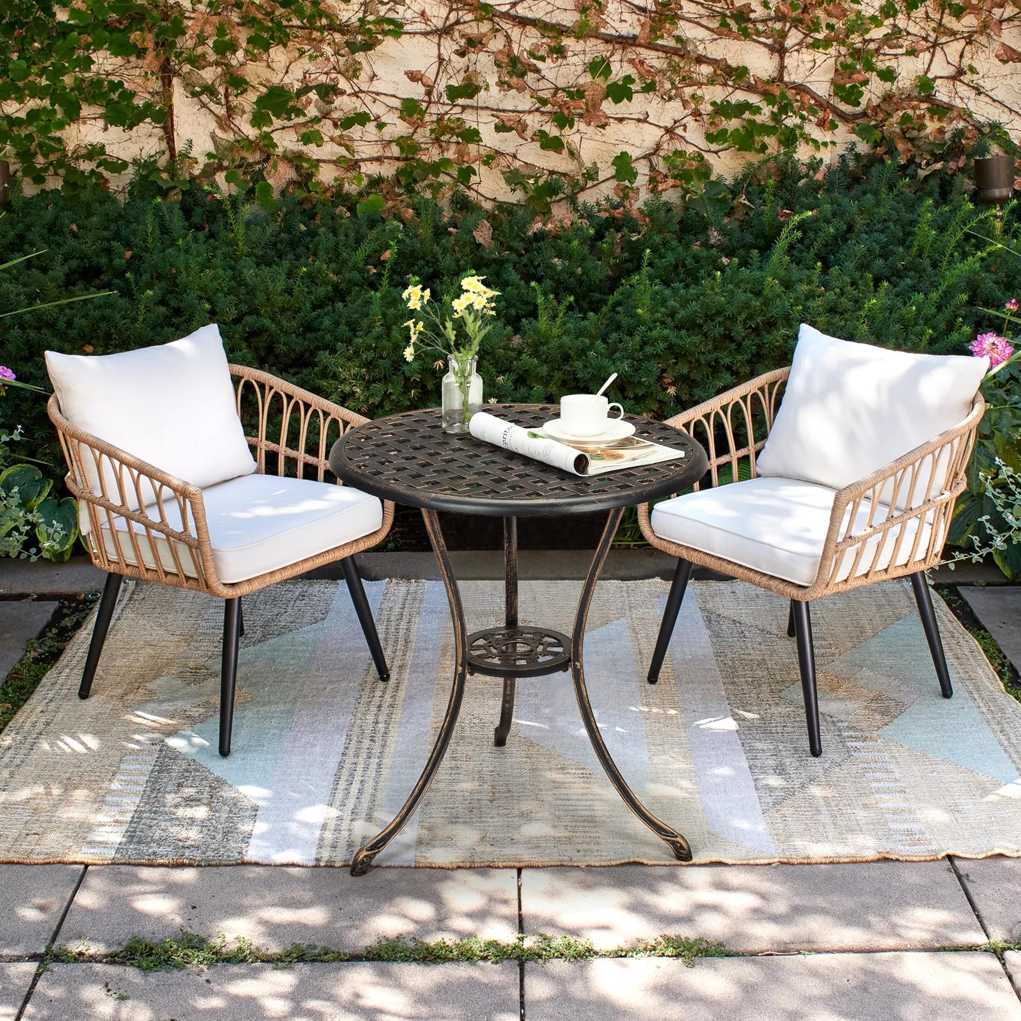 Zstar Table de Jardin Ronde en Fonte d'Aluminium avec Trou de Parasol 5 cm Table de Bistro Extérieure Vintage Ø61 cm pour Balcon Terrasse Patio Jardin Bronze