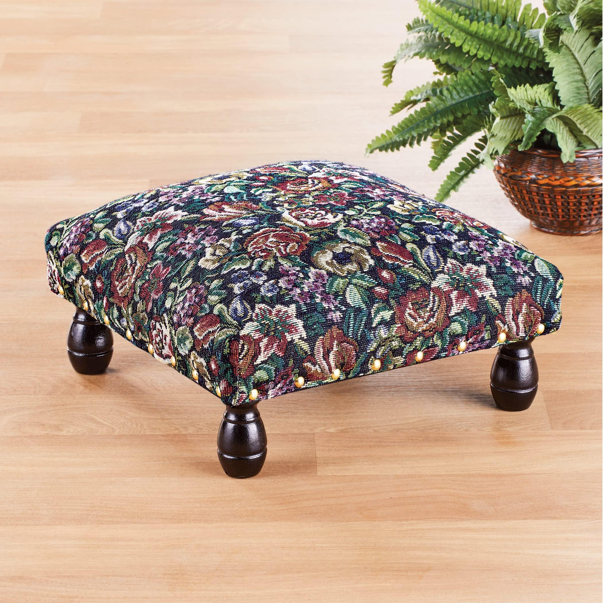 Supportiback Collections Etc Floral Tapestry Padded Footstool with Wooden Legs, 13 inches Square x 6.66 Inches High