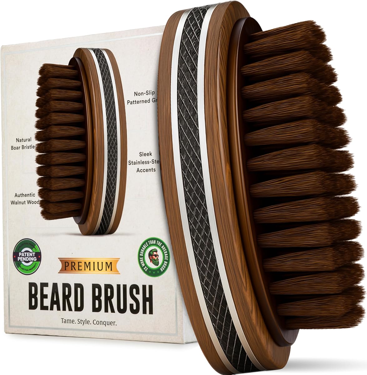 Premium Handmade 4.5" Boar Bristle Beard Brush for Men – Natural Walnut Wood & Non-Slip Rubber Grip – Men’s Grooming Brush for Short, Medium & Long Beards – Mustache & Beard Care Tool – Alpha Organics
