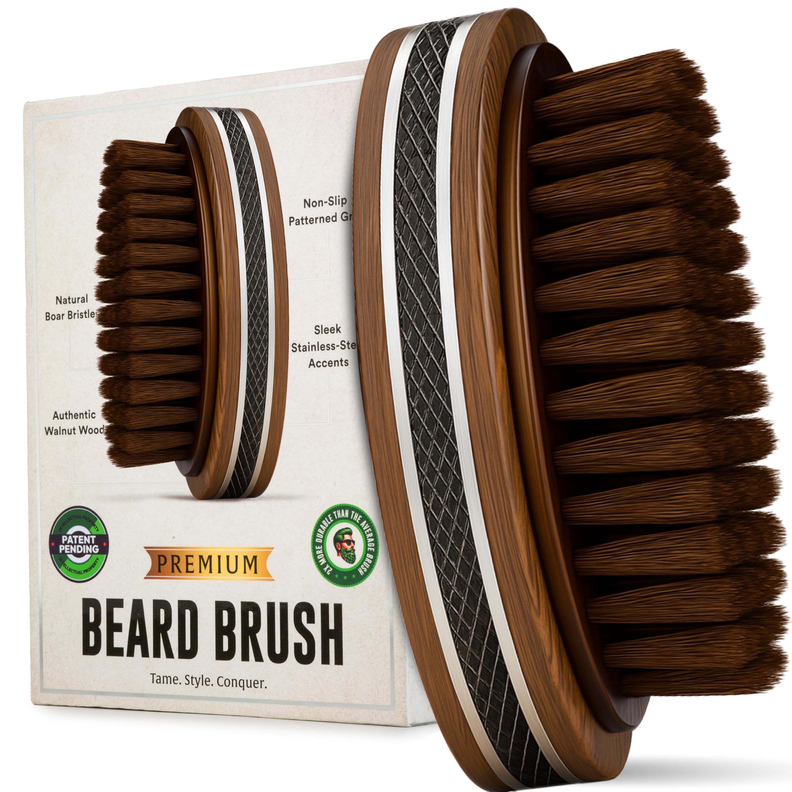 Premium Handmade 4.5" Boar Bristle Beard Brush for Men – Natural Walnut Wood & Non-Slip Rubber Grip – Men’s Grooming Brush for Short, Medium & Long