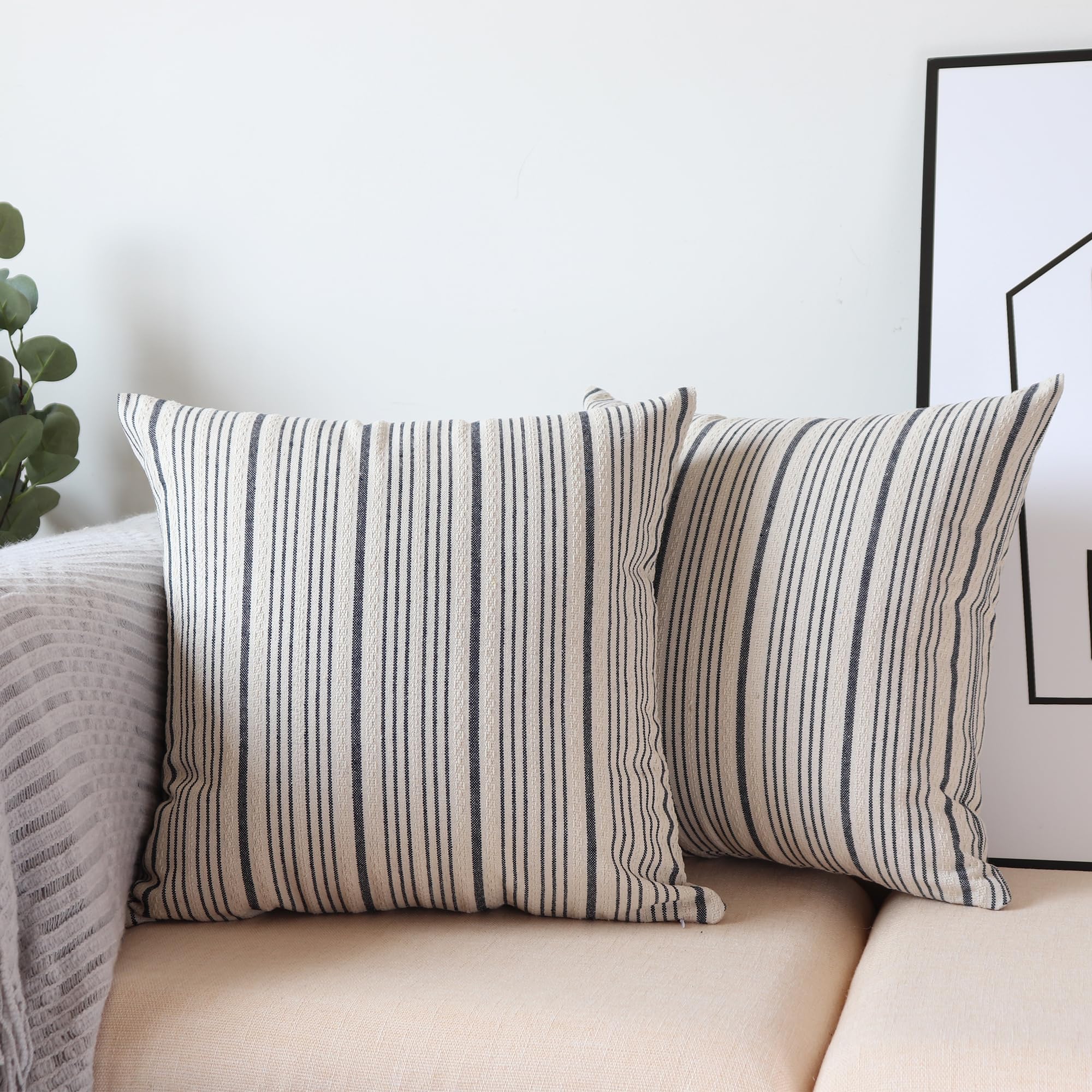 NAVIBULE Navy Pillow Covers Farmhouse Linen Throw Pillow Covers Striped Outdoor Decorative Square Throw Pillows for Couch Sofa Bed 16 x16 in Pack of 2