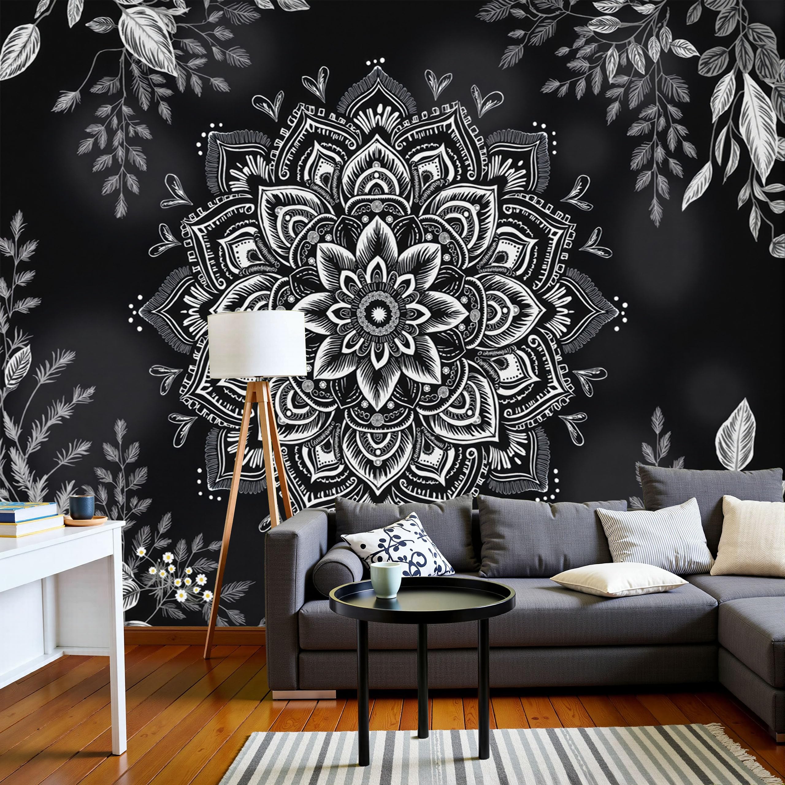 Linee Mandala Per La Meditazione Carta da Parati Panoramica in Seta, Boemia per Soggiorno Camera Ristorante Camera dei Bambini e Decorazione da Parete Nero, 300 x 210 cm