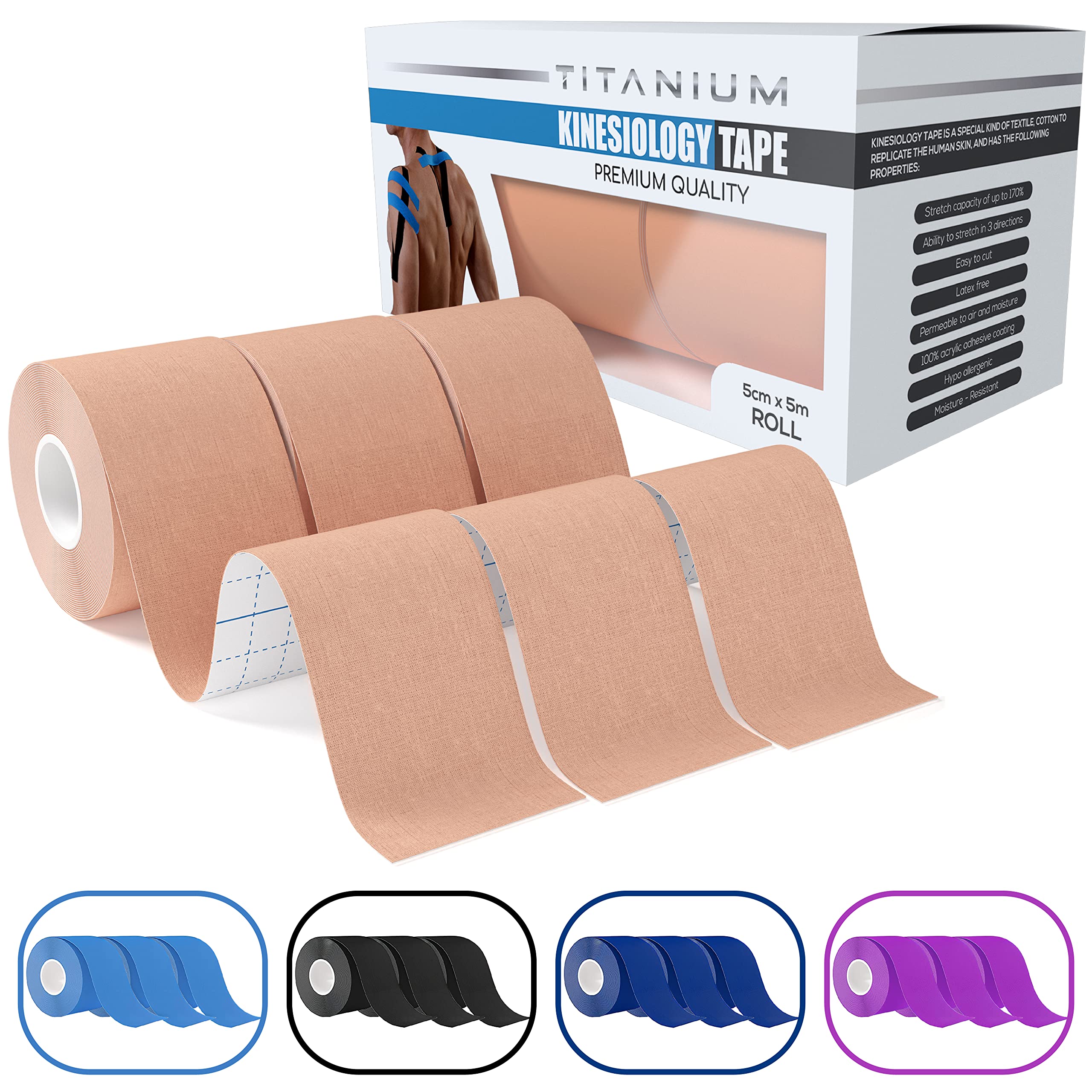 Kinesiology Tape (3pack) - 5m Roll of Elastic Water Resistant Tape for Support & Muscle Recovery - Quality Sports Tape (Beige)