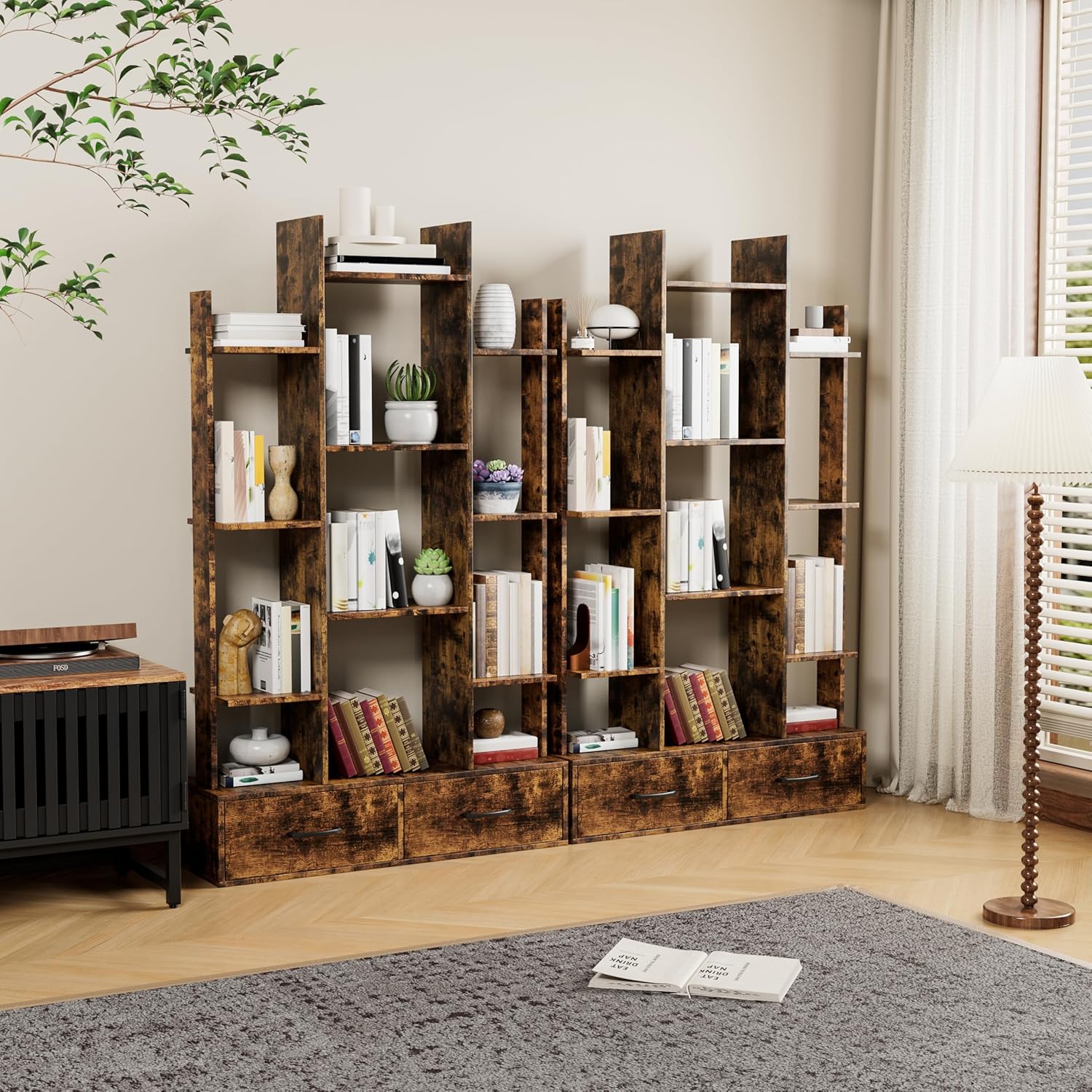 Tall Bookshelf with 2 Drawers, Industrial Open Display Shelving, Vintage Open Bookcase with 12 Storage Shelves, Utility Organizer Shelves for Living Room, Home Office