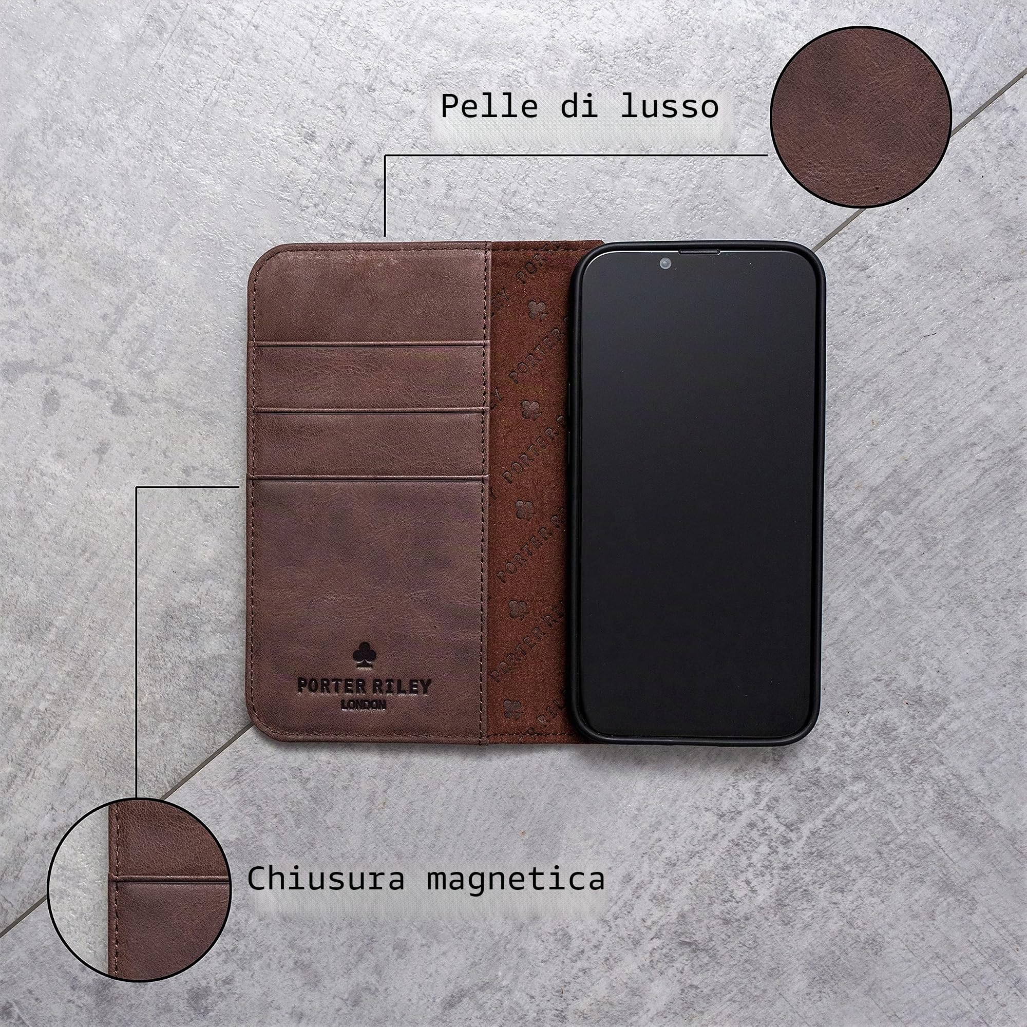 Porter Riley - Custodia in Pelle per iPhone 11 (6.1"). Supporto/Copertura/Portafoglio Slot Per Schede, Supporto Orizzontale, Telaio Resistente (Marrone Cioccolato)