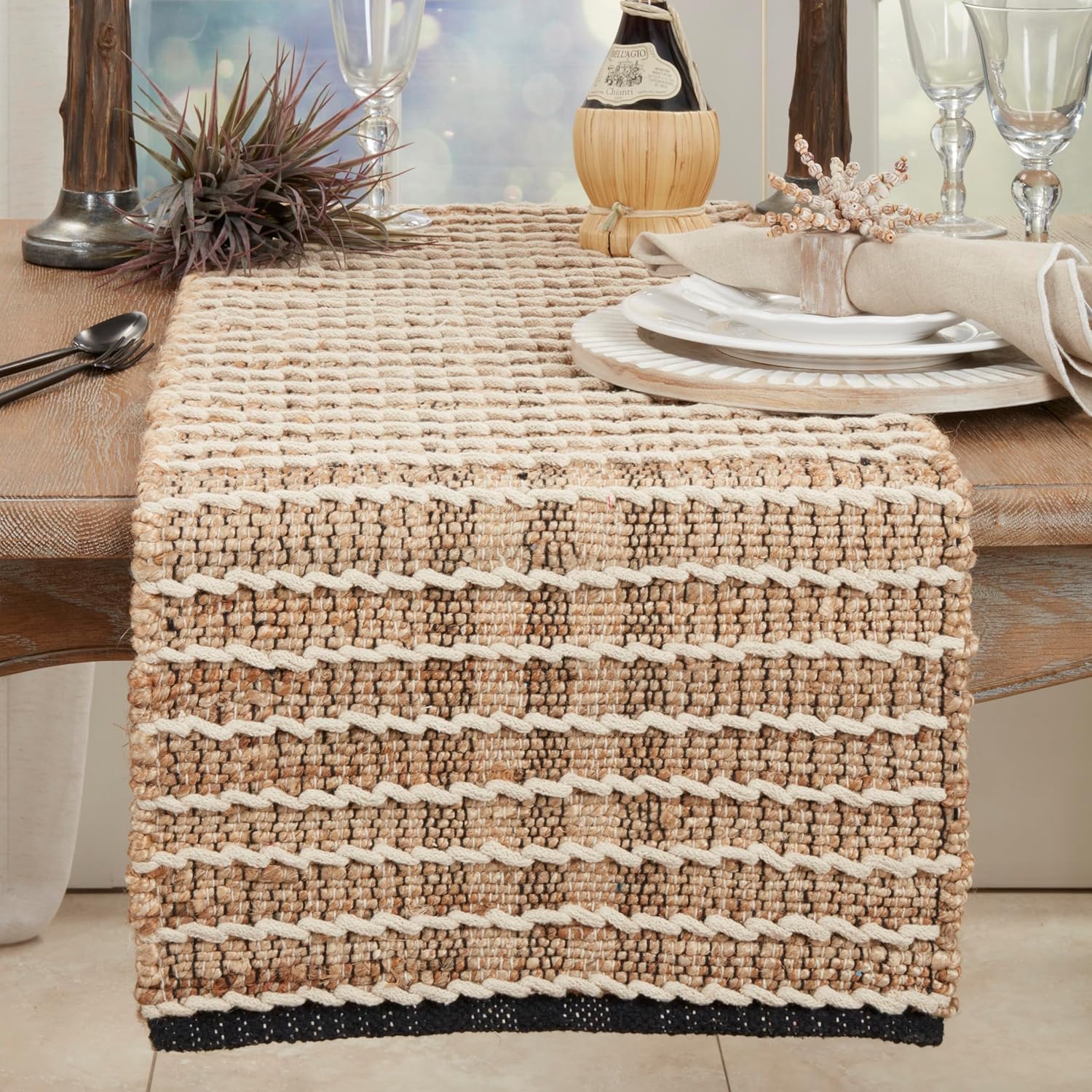 Beige Cotton Rope Knotwork Table Runner with Twisted Cord Trim