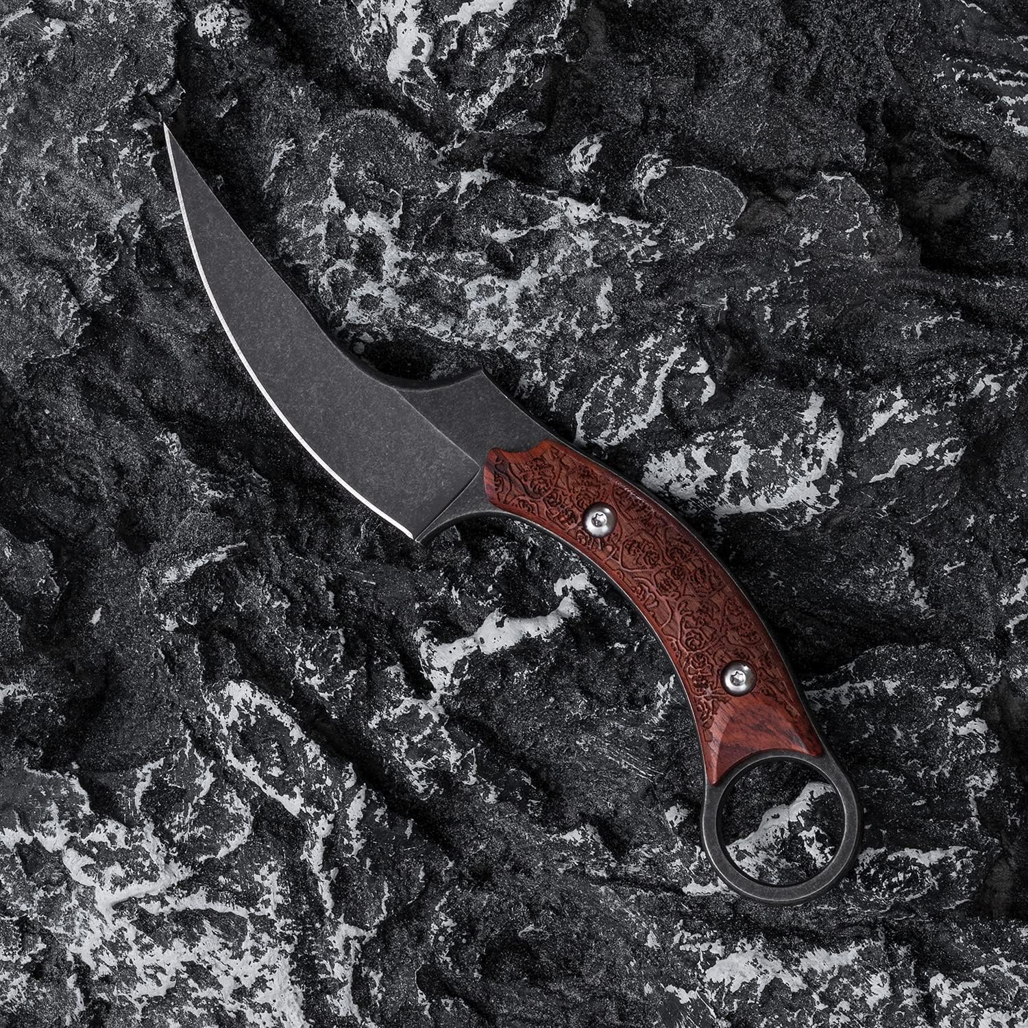 Fixed Blade Knife, 440C Blade Wooden engrave handle, Tactical EDC sharp Claw Knife Elegent Cool Knives, Utility Knife for Outdoor Survival Hiking Camping with Kydex Sheath OK1015 (Black)