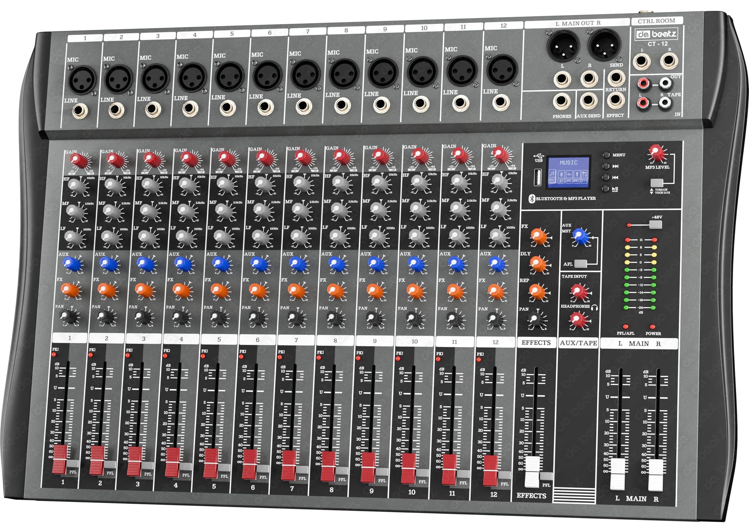 Dabeatz Professional 12 Channel Mixer | XLR + TRS 6.35MM Input
