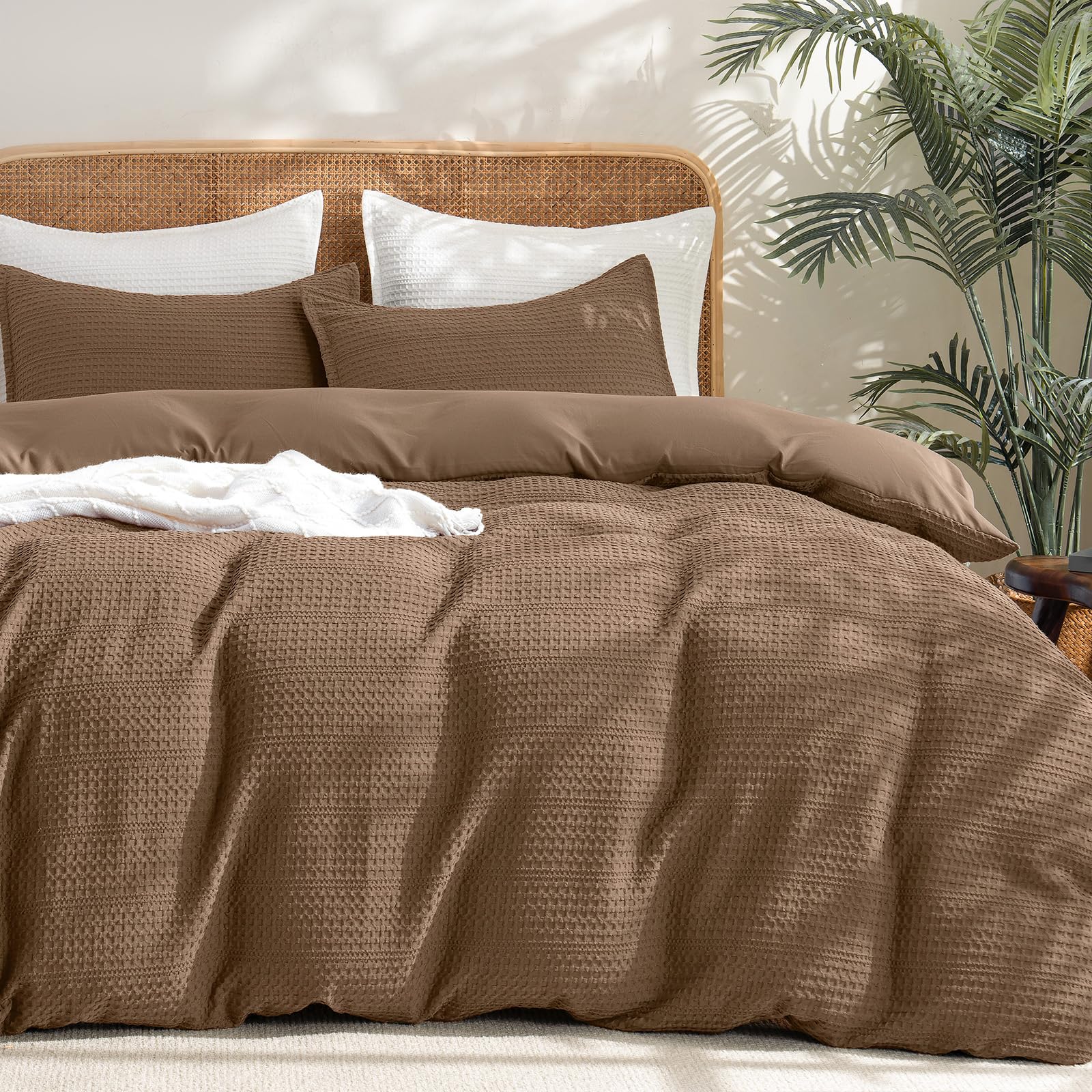 phf soft waffle duvet cover king size- luxury textured no snagging waffle weave comforter duvet cover(104"x90") with 2 pillow shams, 3 pieces breathable bedding set for all season, cocoa brown