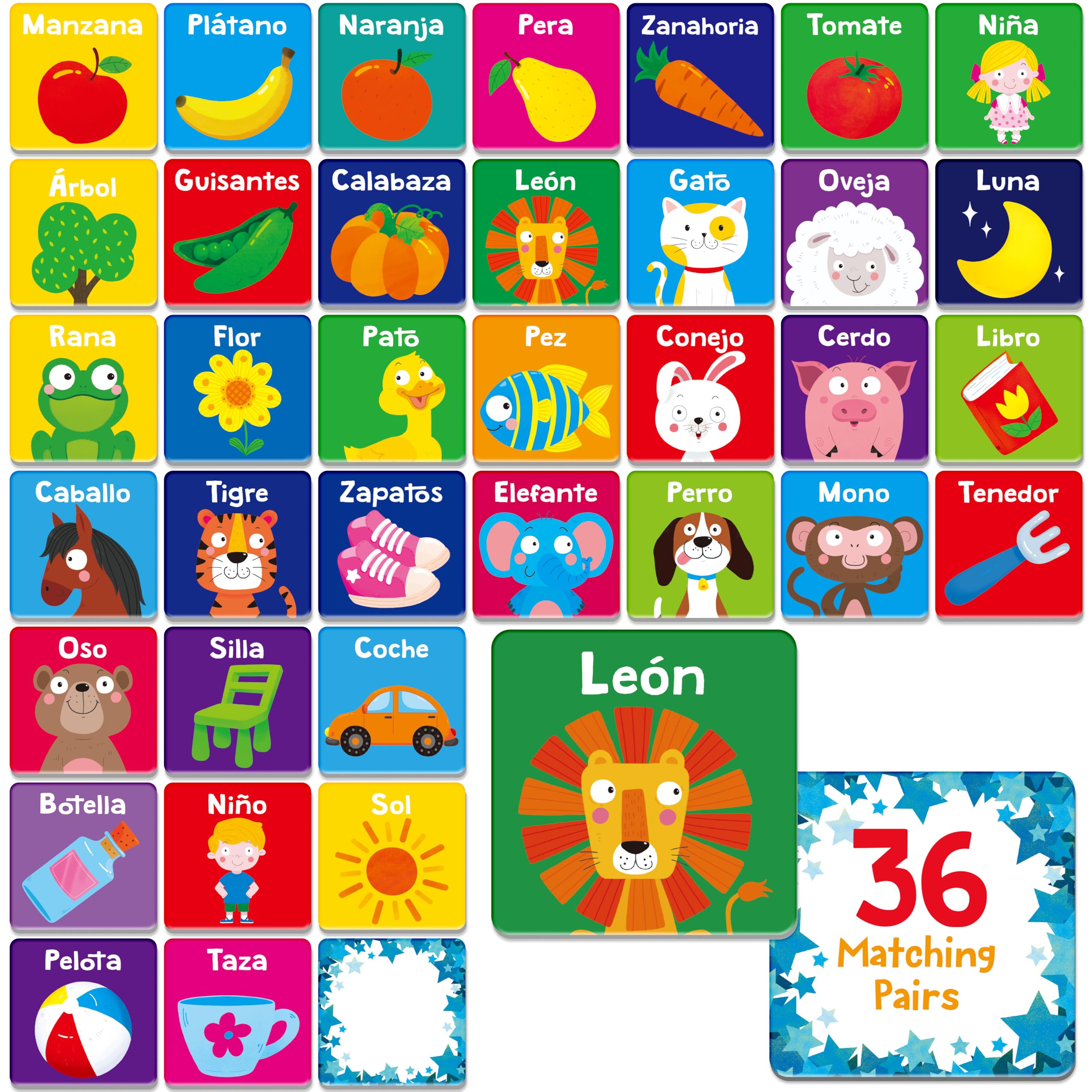 Spanish Memory Matching Game, 72 PCS First Words Matching Cards for Toddlers, 36 Pairs Memory Cards Educational Toys Preschool Spanish Learning
