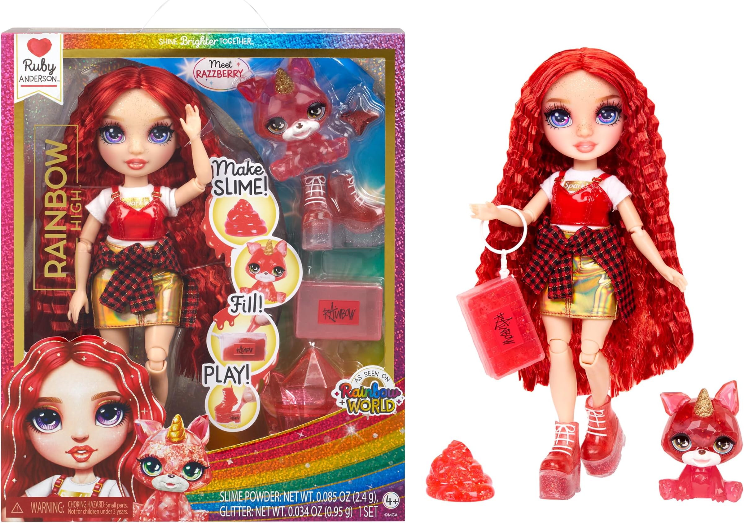 Ruby, Red with Slime Kit & Pet, 11" Shimmer Posable Fashion Doll with DIY Sparkle Slime, Magical Yeti Pet, Fun Play Accessories, Great Toy Gift for Girls Kids Ages 4-12 Years