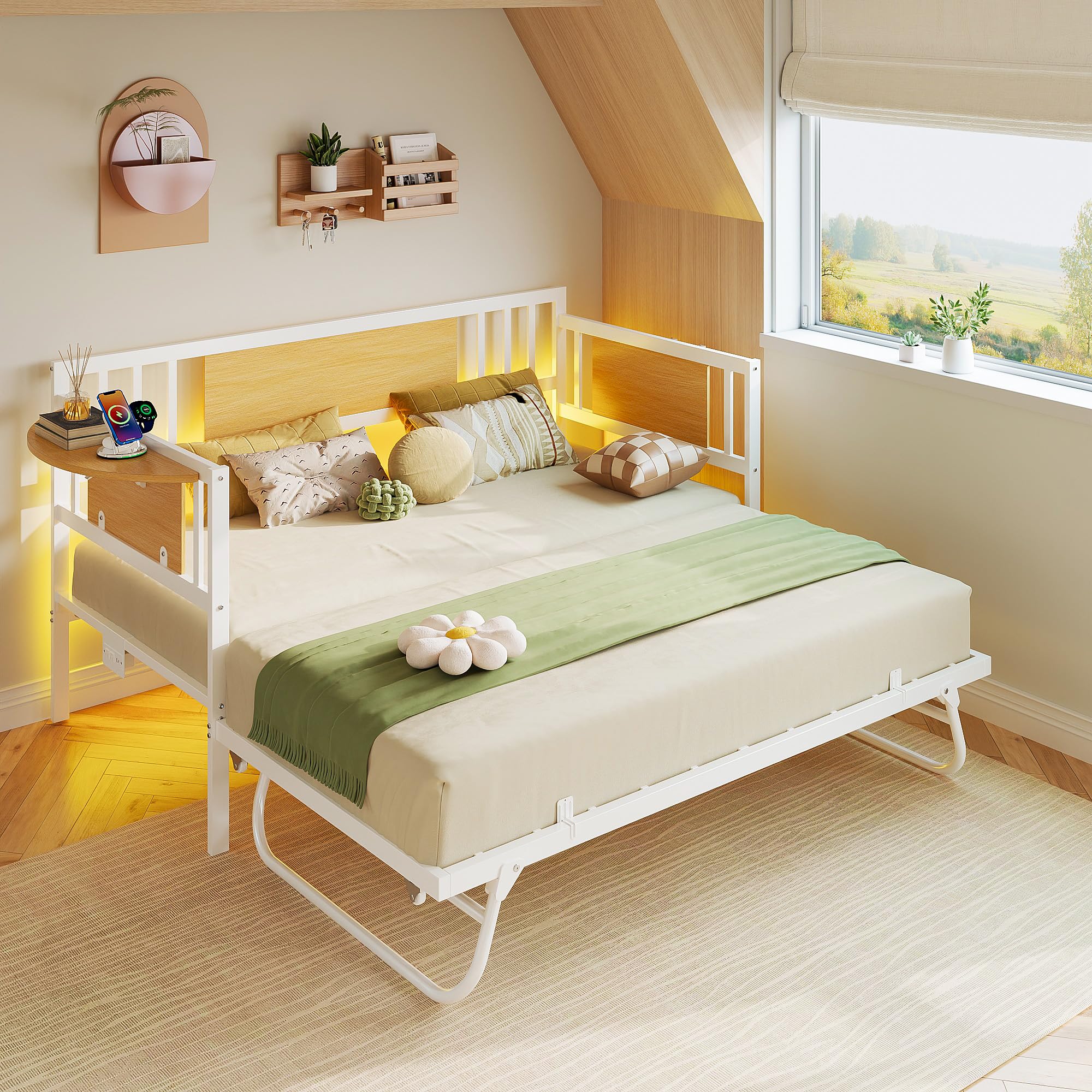 LIKIMIO Daybed with Trundle & Dual Side Tables, 700lbs Metal Twin Bed Frame with LED Lights and Charging Station, Industrial Convertible Day Bed for