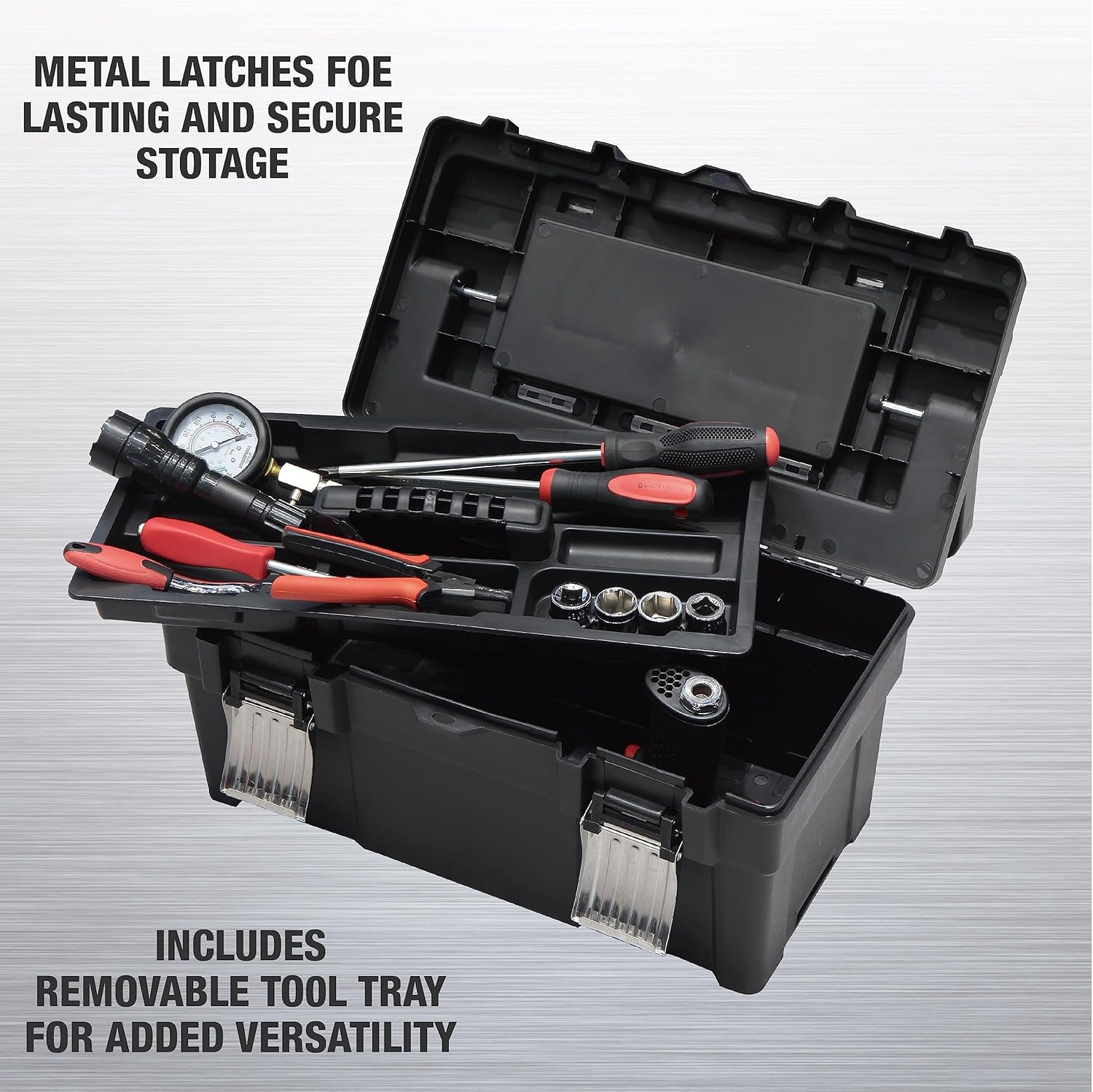 TCE ATRJH-9019U Torin 18-Inch Plastic Tool Box Organizer & Durable Tool Storage Box: Portable Removable Tray and Alum Alloy Handle Tool Box with 2 Metal Snap Lock for Enhanced Security, Black