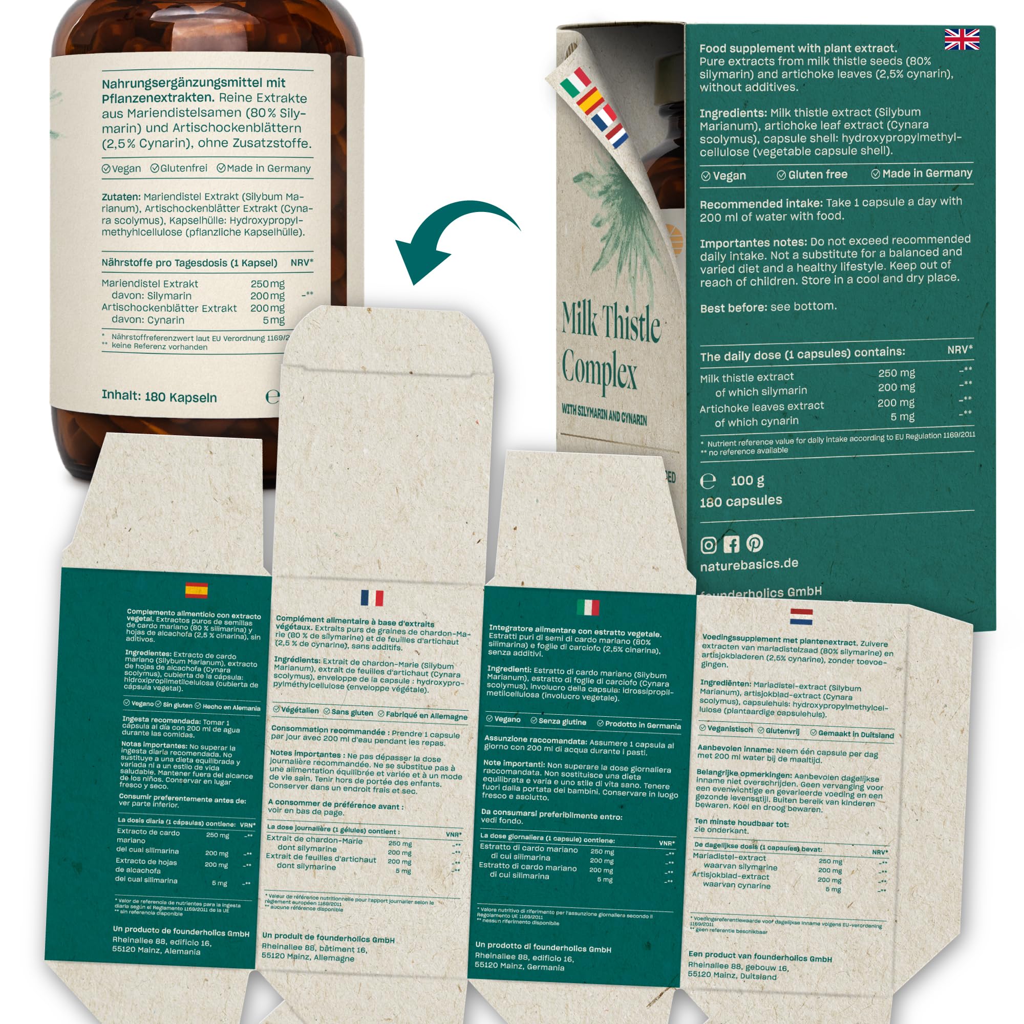 Nature Basics® Capsule di cardo mariano ad alto dosaggio certificato e in barattolo | 180 capsule con 80% di silimarina e 2,5% di cinarina | testate in laboratorio, senza additivi e CO2 neutro