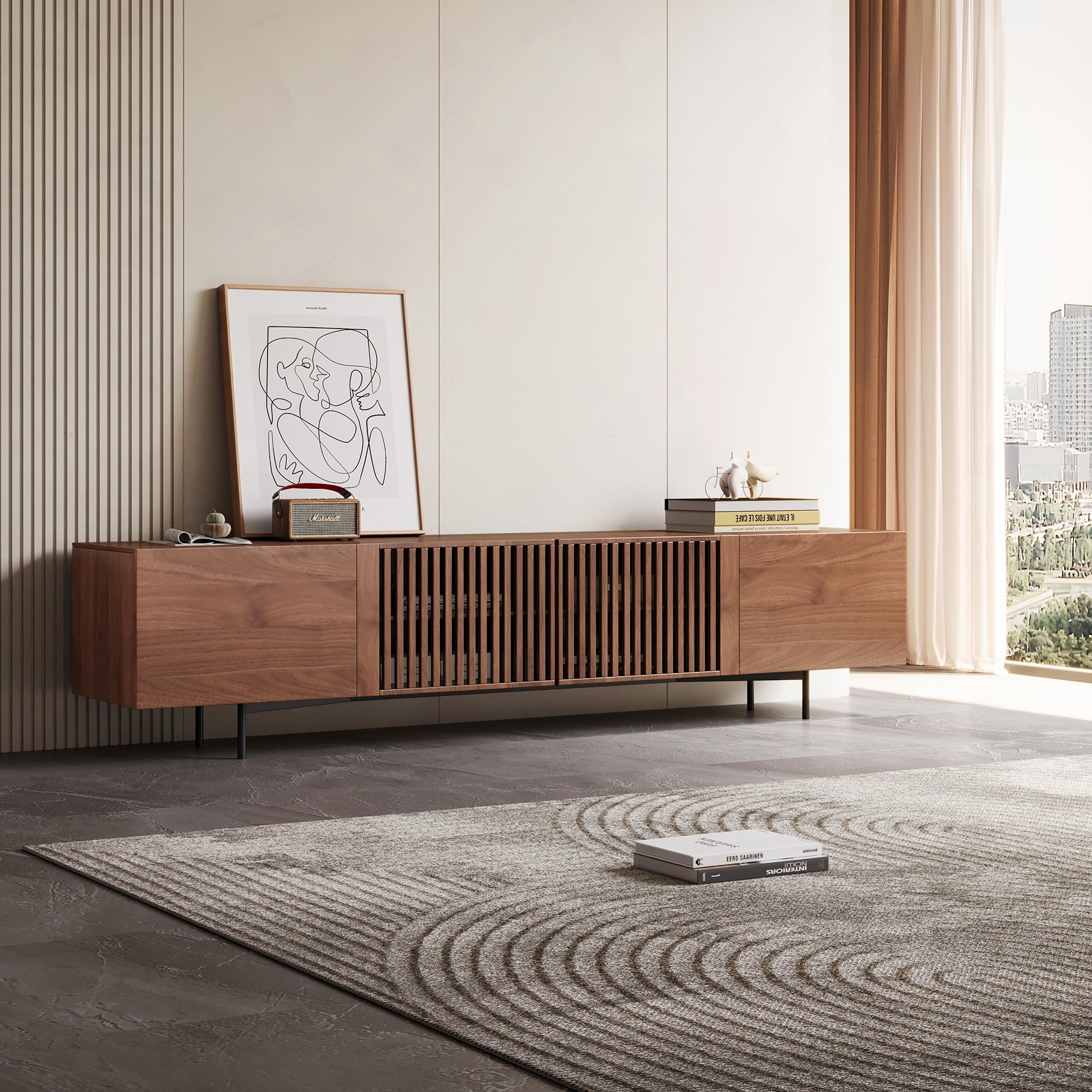 Mid-Century Modern TV Stand for TVs up to 80'', Media Console TV Entertainment Center with 4 Storage Cabinets for Living Room, Bedroom,Tall Cabinet with Metal Legs, Walnut (94 inch)