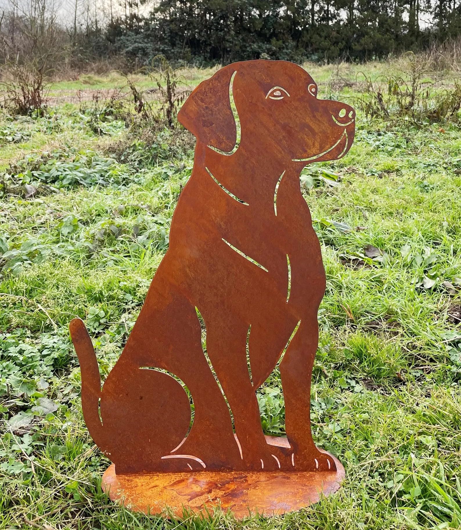 Gartenfigur Hund Labrador sitzend 68x45cm auf Platte Edelrost Gartendeko Wetterfest Rost Metall Rostfigur Hunde Tier von Steinfigurenwelt (Hund Labrador sitzend 68x45cm)