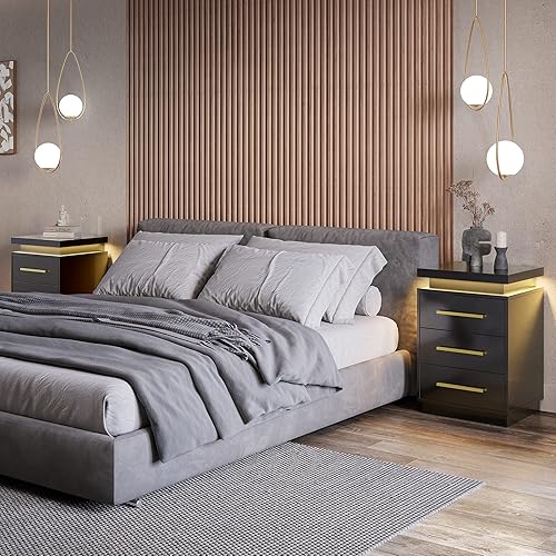 Miniatura 4 de BELLEZE Juego de 2 mesitas de noche LED, mesita de noche con 3 cajones y luces LED, mesa auxiliar con control remoto y asas de metal dorado para