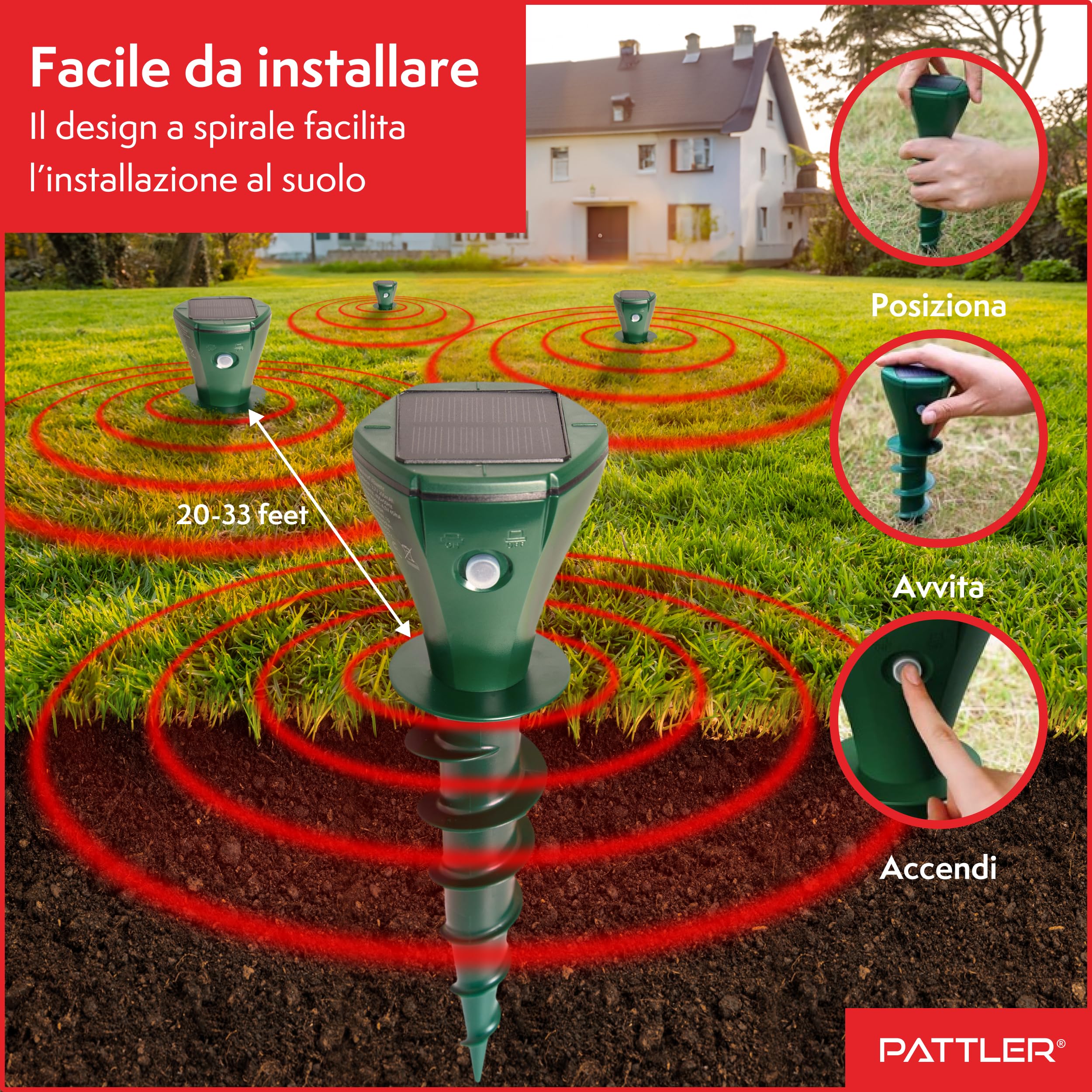 PATTLER Scaccia Talpe Solare a Ultrasuoni Impermeabile, Repellente Serpenti, Dissuasori per Talpe, Dissuasore per Topi, Repellente per Serpenti, Trappola Talpe, Repellente Lucertole | 2 Pezzi