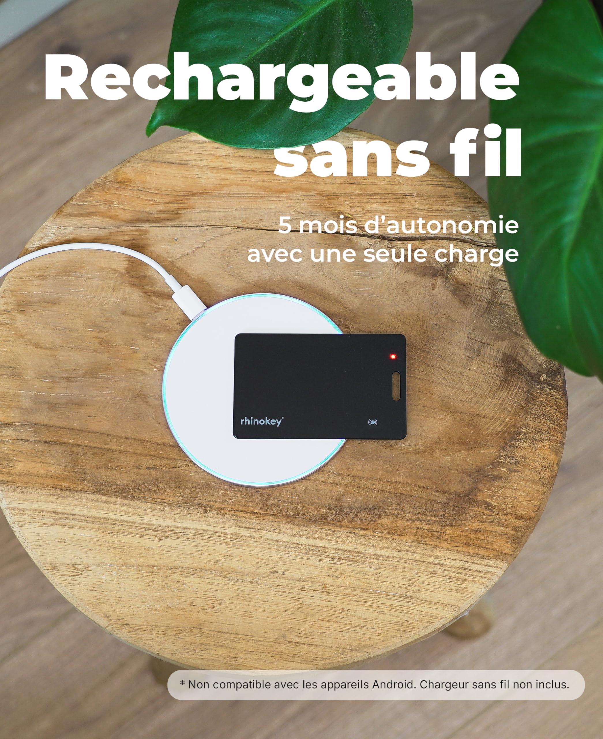 Rhinokey® Carte Traqueur Portefeuille Certifiée Apple MFi (iOS uniquement) – Ultra-Fine 1,8 mm, Rechargeable sans Fil, Étanche IP68, Compatible Apple Find My pour Portefeuille, Bagages, Clés et Objets