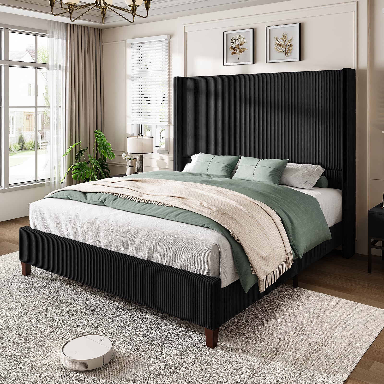 AMERLIFE Queen Size 62" Corduroy Upholstered Bed Frame, Luxurious Platform Bed with Extra Tall Wingback Headboard and Vertical Stripe, No Box Spring Needed/Solid Wood Slats & Legs/Black