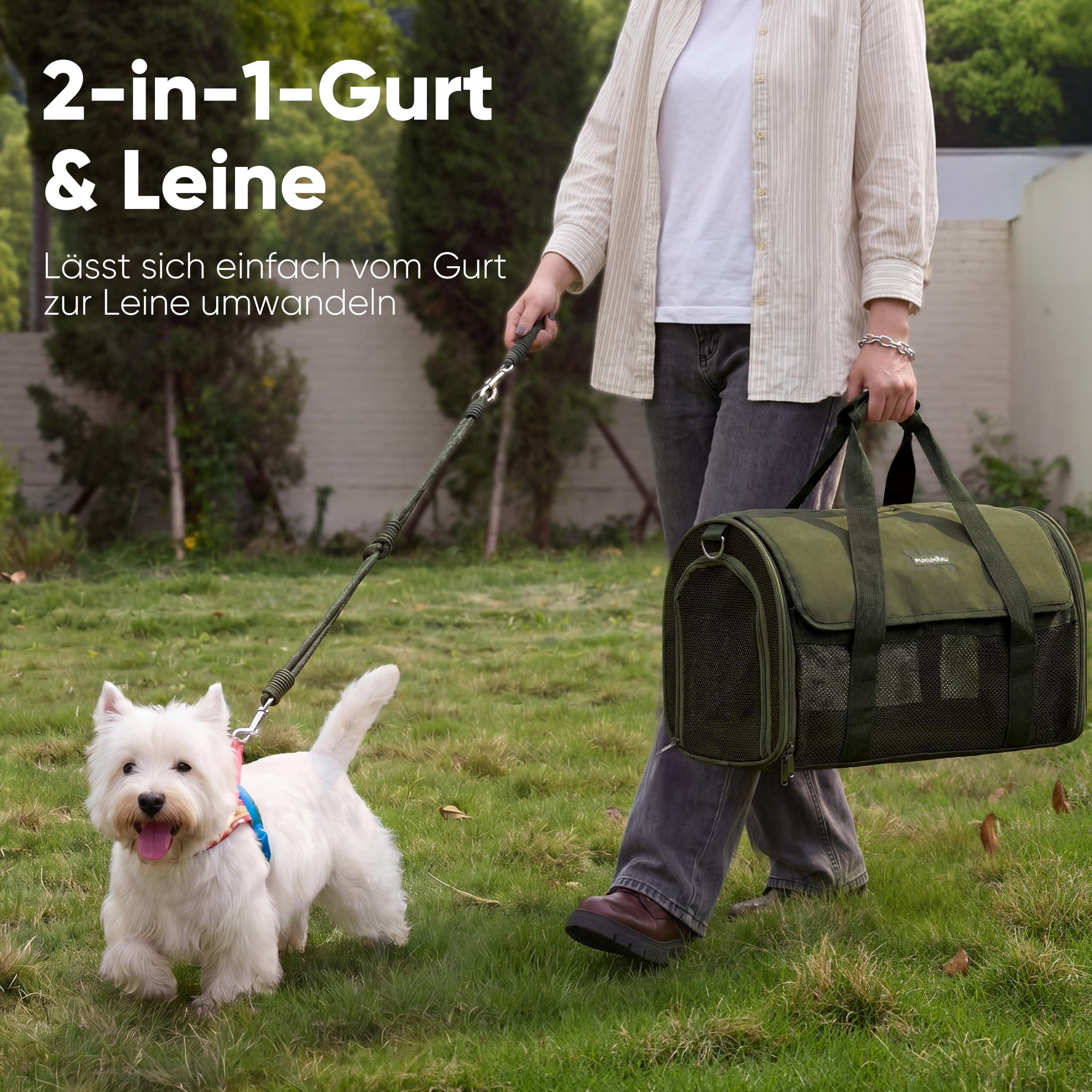 FUKUMARU Transportbox für Katzen und kleine Hunde, leicht und atmungsaktiv, 46 x 28 x 28 cm, für den Transport in der Flugzeugkabine zugelassen, weich und zusammenklappbar, kratzfestes Netz, Grün