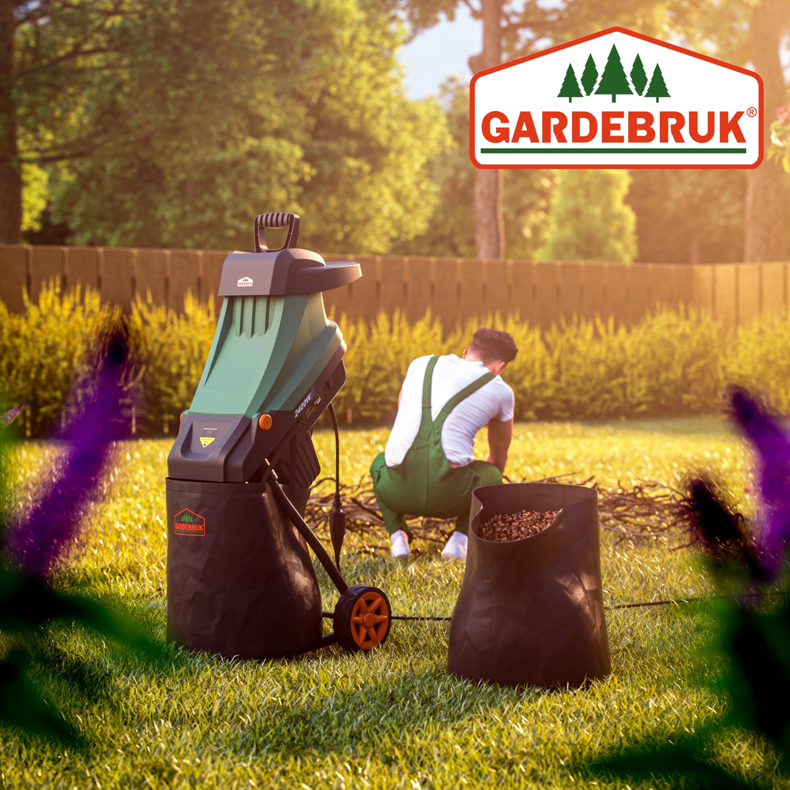 GARDEBRUK® Trituradora de Ramas Ø45mm, Triturador Electrico Jardin, Corta Troncos Leña, 2400W, Bolsa de Recolección 50L, Cuchillas de Acero, Residuos