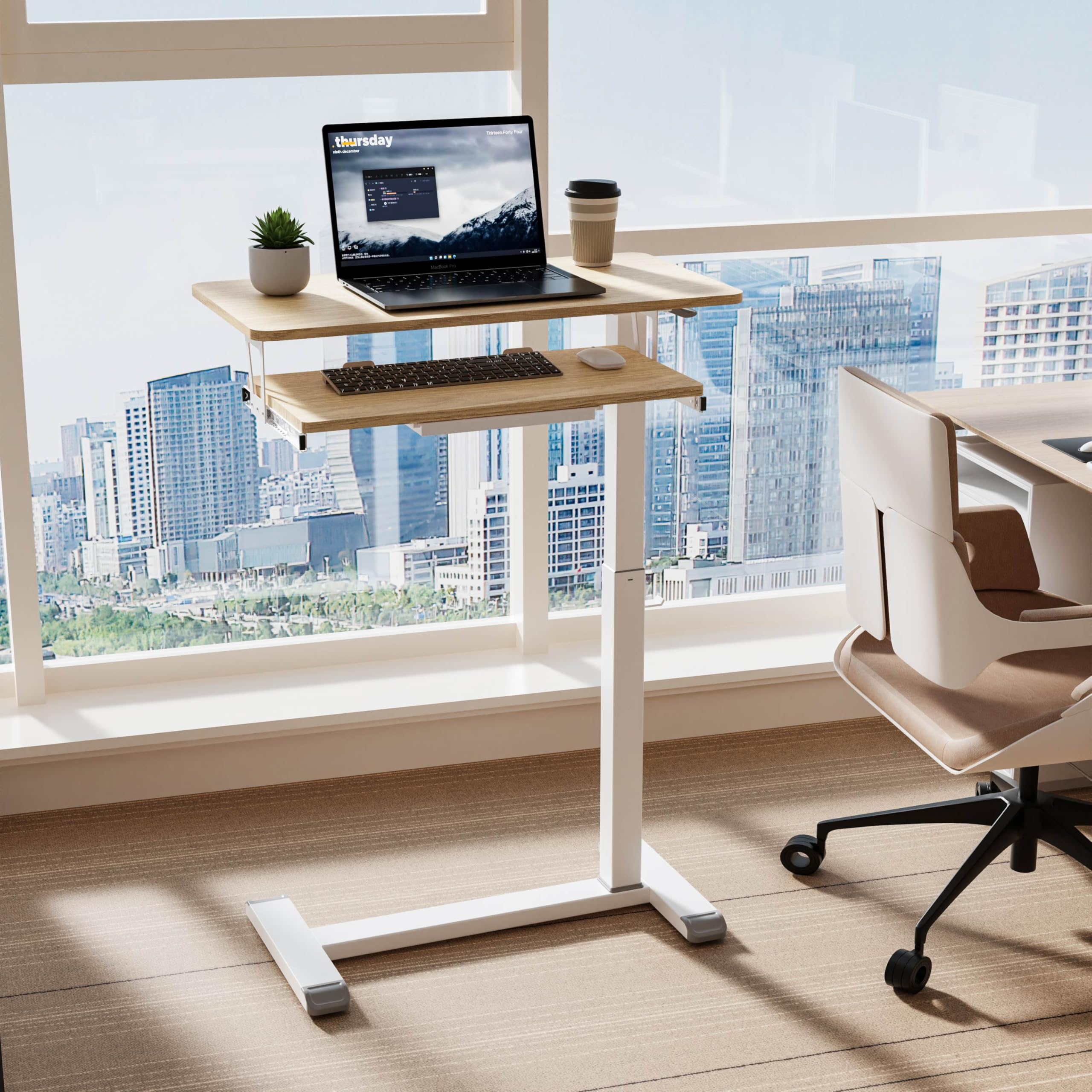 Fydeamer 68 × 50cm Mobile Standing Desk mit Tastaturablage, Höhenverstellbar Computertisch (72-109 cm), Beistelltisch Krankenhausbetttisch Ergonomisch für Homeoffice Wohnzimmer (Oka)