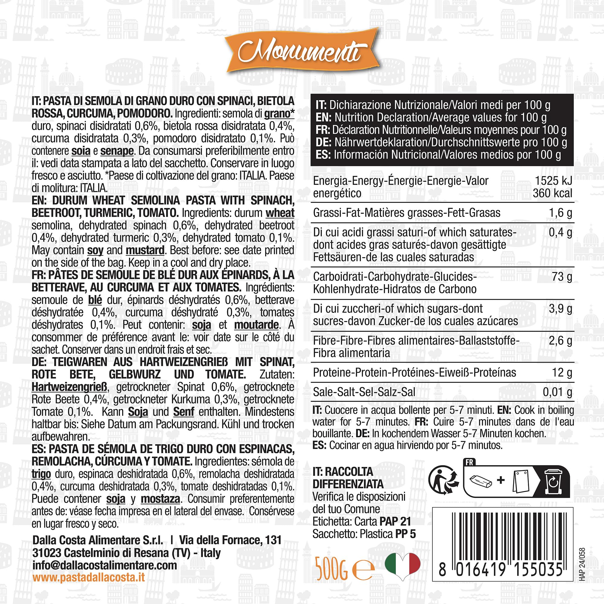 Dalla Costa Pasta Monumentos Happy Pasta. Made in Italy. Paquete Ahorro 12x500 gramos