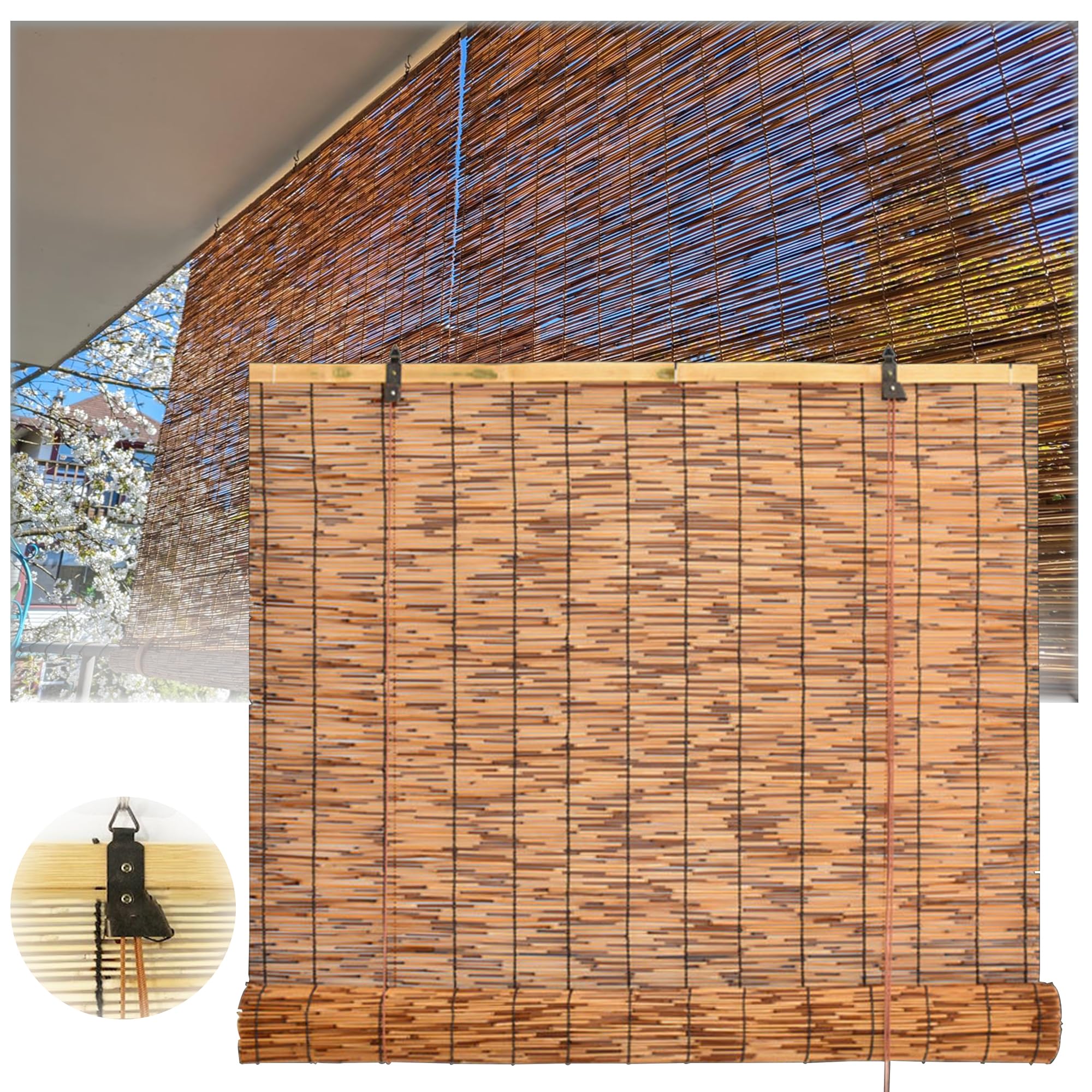 SSFMSF Carbonization Natural Bamboo Blinds Hand-Woven Natural Reed Curtains Bamboo Blinds Roman Roller Shades, 65% Shading Rate, Use In Outdoor Patio Door. (Size:40cmx110cm/15.75inx43.31in)