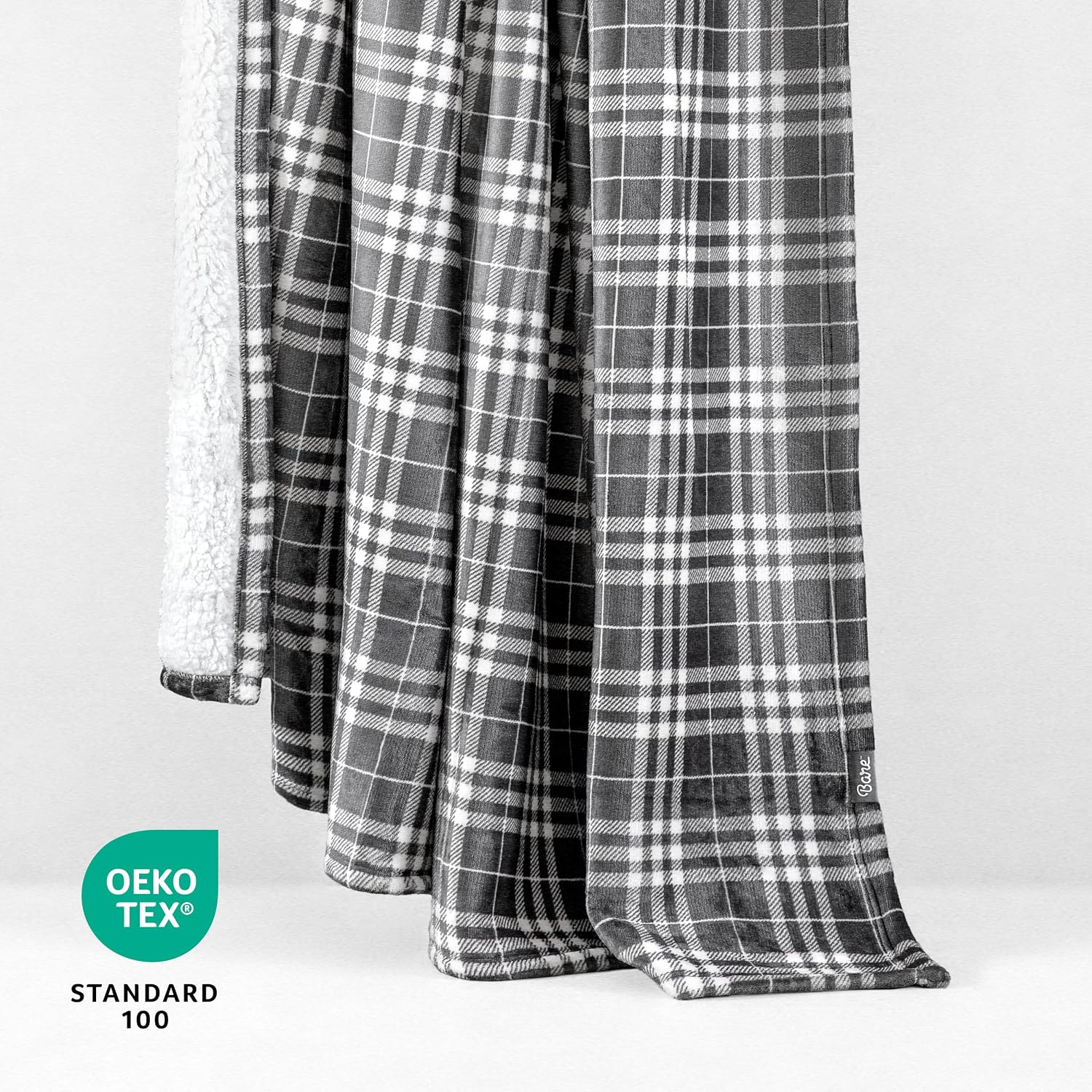 Bare Home Sherpa Fleece Blanket - Twin/Twin Extra Long - Blanket for Bed, Sofa, and Couch - Warm & Lightweight - Fluffy & Soft - Reversible (Twin/Twin XL, Stirling Plaid - Grey/White)