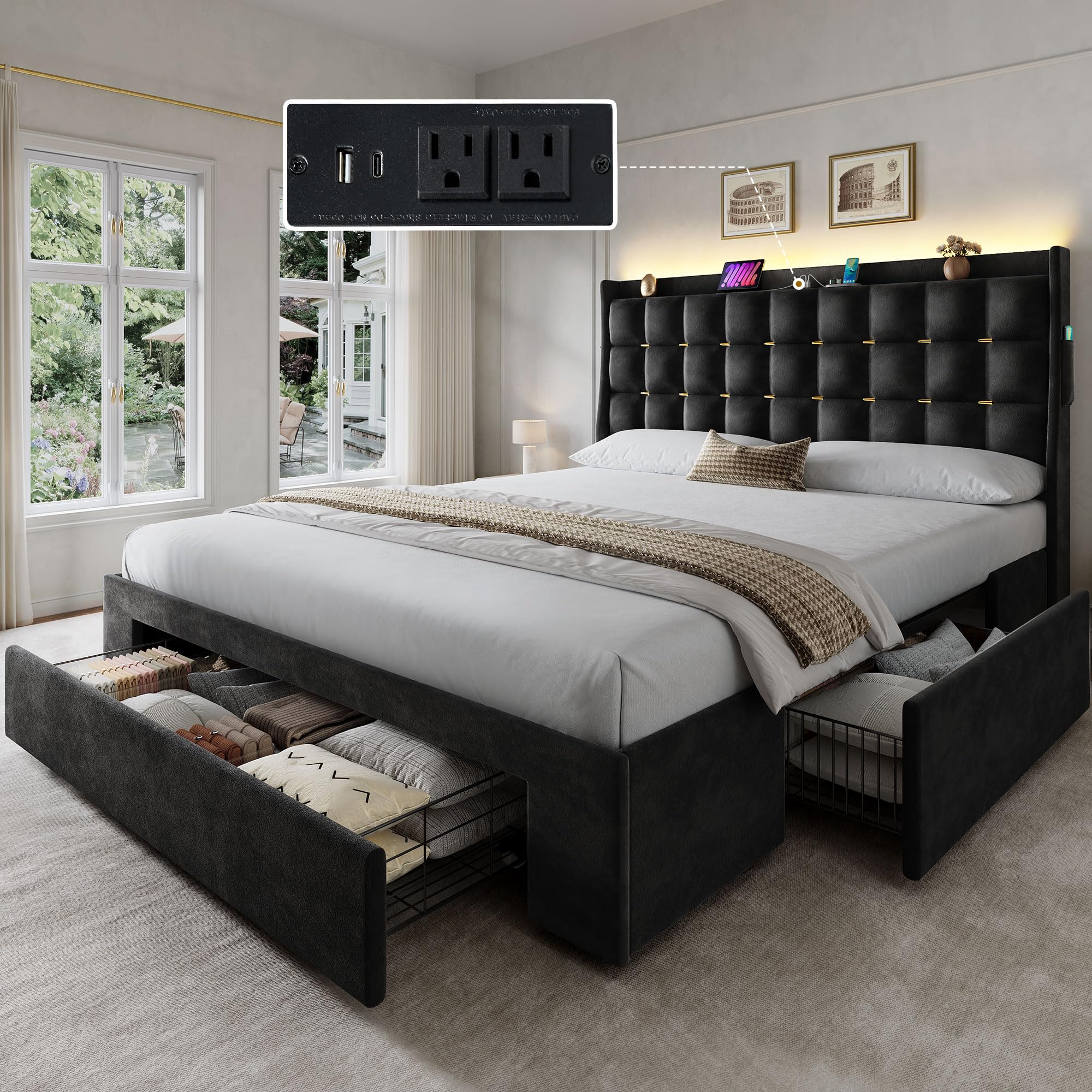 Photo 1 of *** PARCIAL SET BOX 1 OF 2** YITAHOME Queen Size Bed Frame with 3 Storage Drawers and RGB LED Lights, Velvet Upholstered Bed with Charging Station and Storage Headboard, No Box Spring Needed, Easy Assembly, Noise-Free, Black
